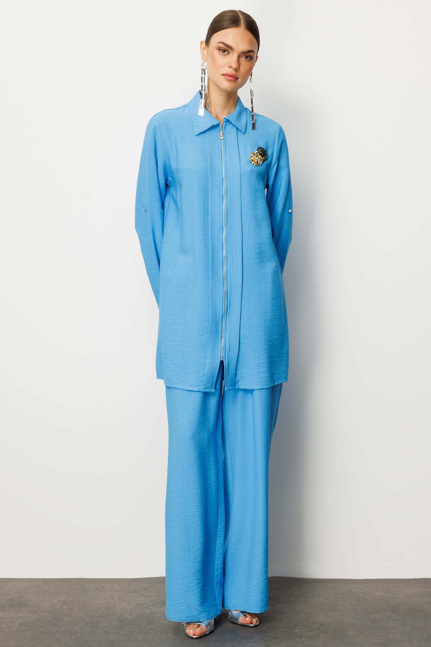 Modailgi  Fermuar Kapamalı Aksesuar Detaylı Safari Kol Tunik Mavi