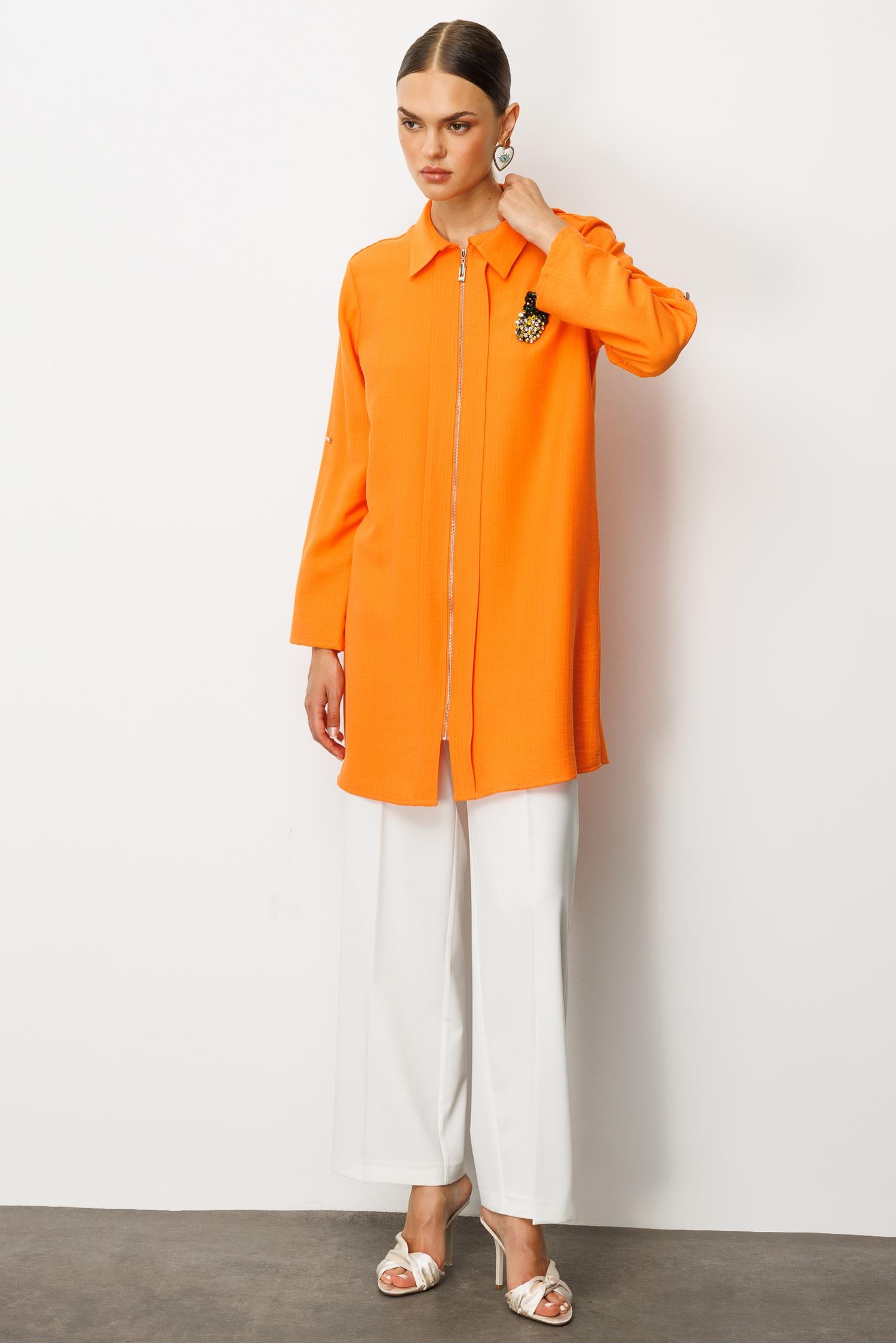 Modailgi  Fermuar Kapamalı Aksesuar Detaylı Safari Kol Tunik Orange