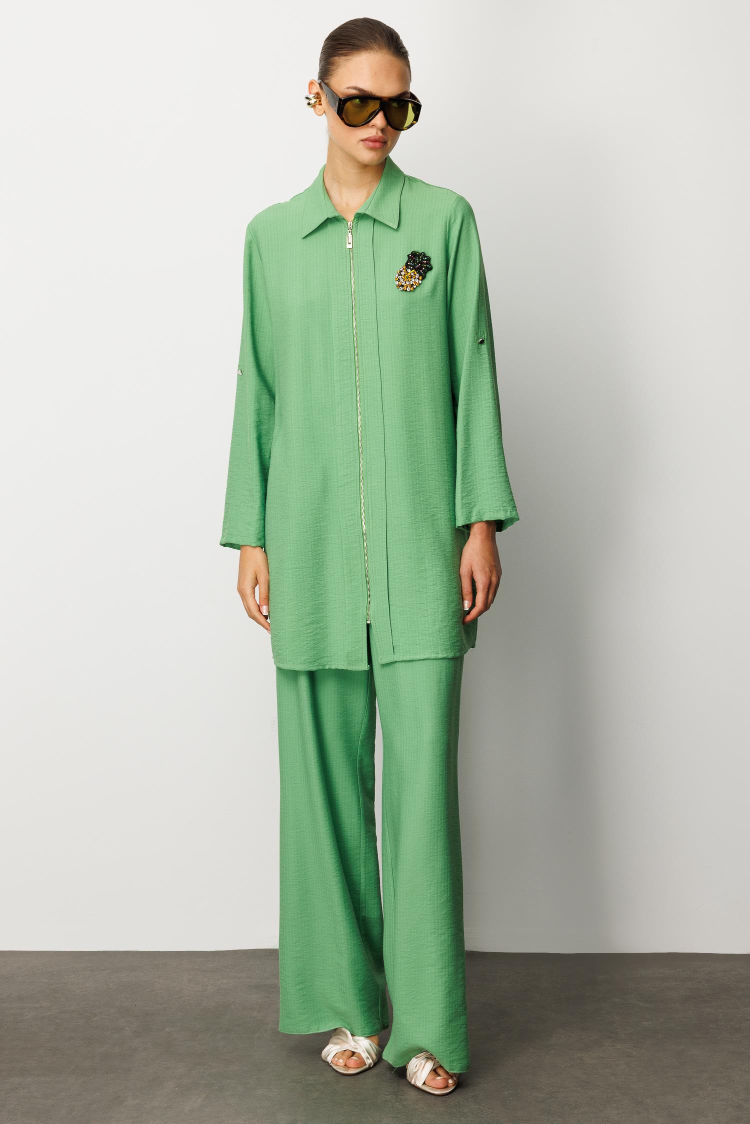 Modailgi  Fermuar Kapamalı Aksesuar Detaylı Safari Kol Tunik Yeşil