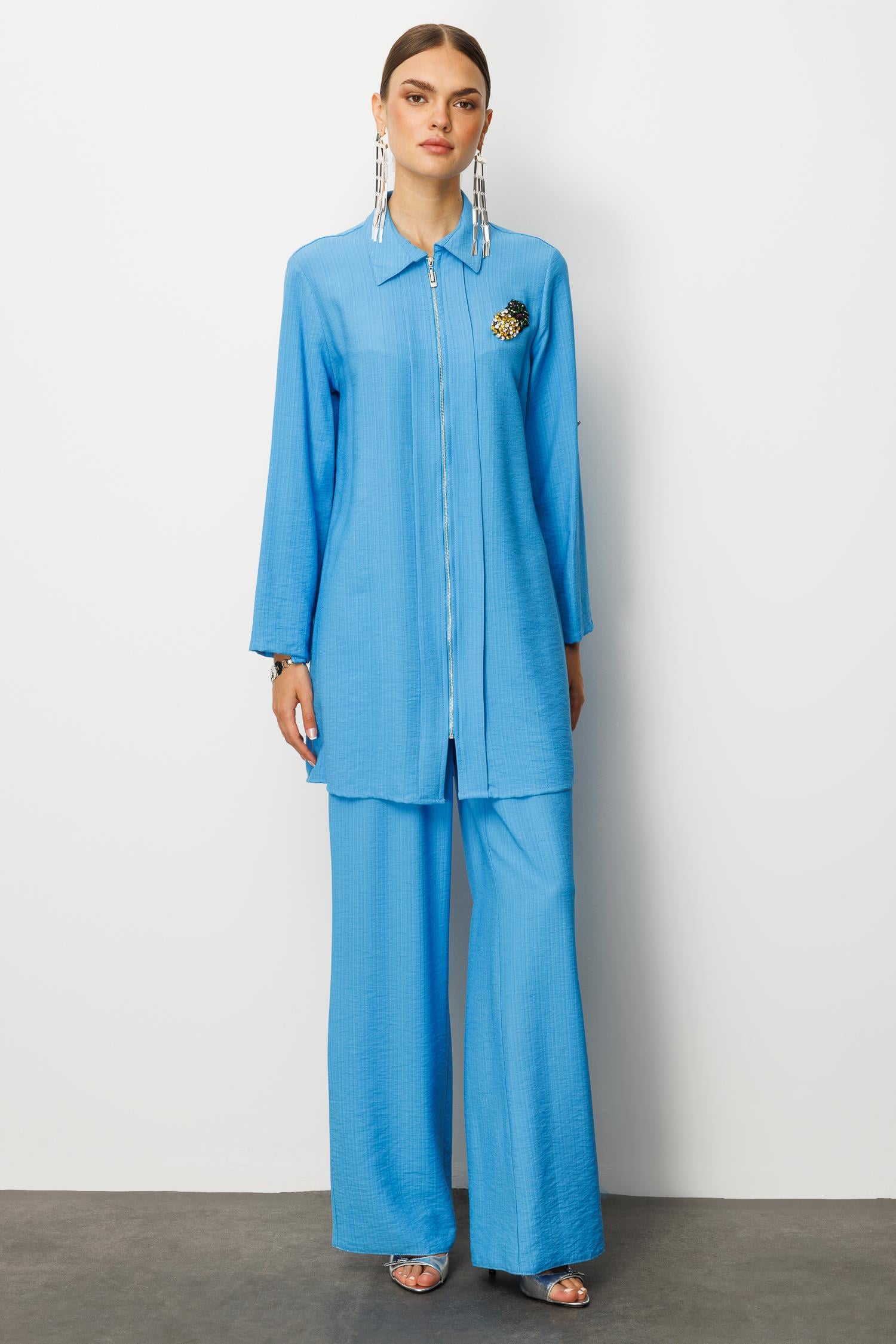 Modailgi  Fermuar Kapamalı Aksesuar Detaylı Safari Kol Tunik Mavi