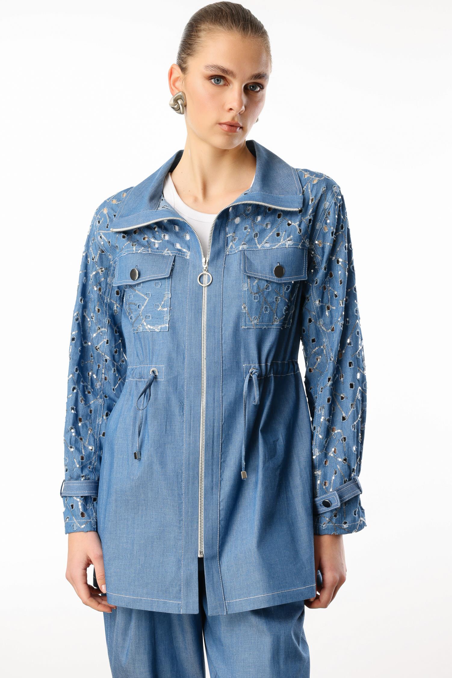 Modailgi  Fermuar Kapamalı Beli Tünelli Rahat Kesim Tunik - 40033 Mavi