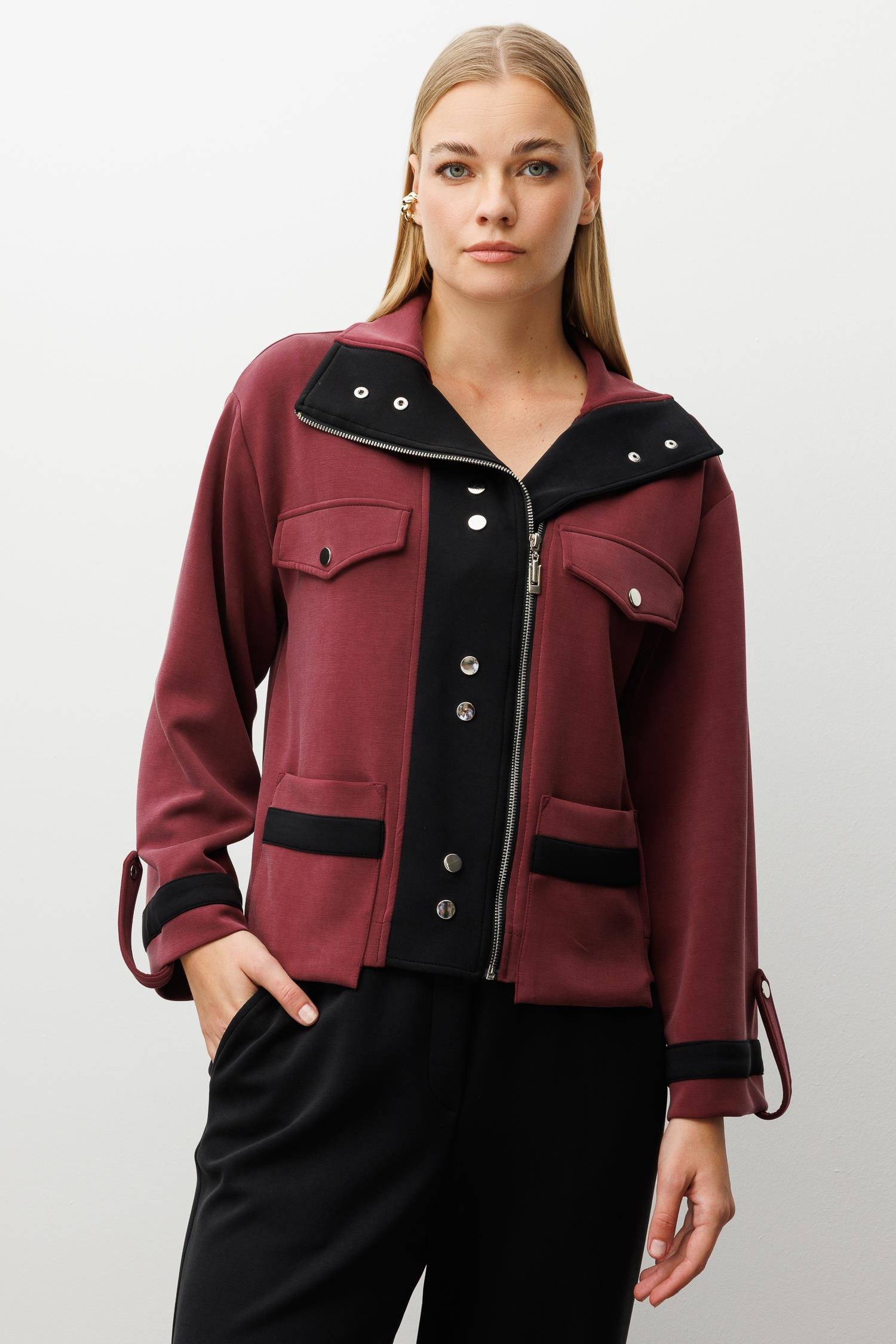 Modailgi  Fermuar Kapamalı Düşük Kol Cep Ve Apolet Detaylı Kısa Devrik Yaka Gömlek - 40064 Bordo