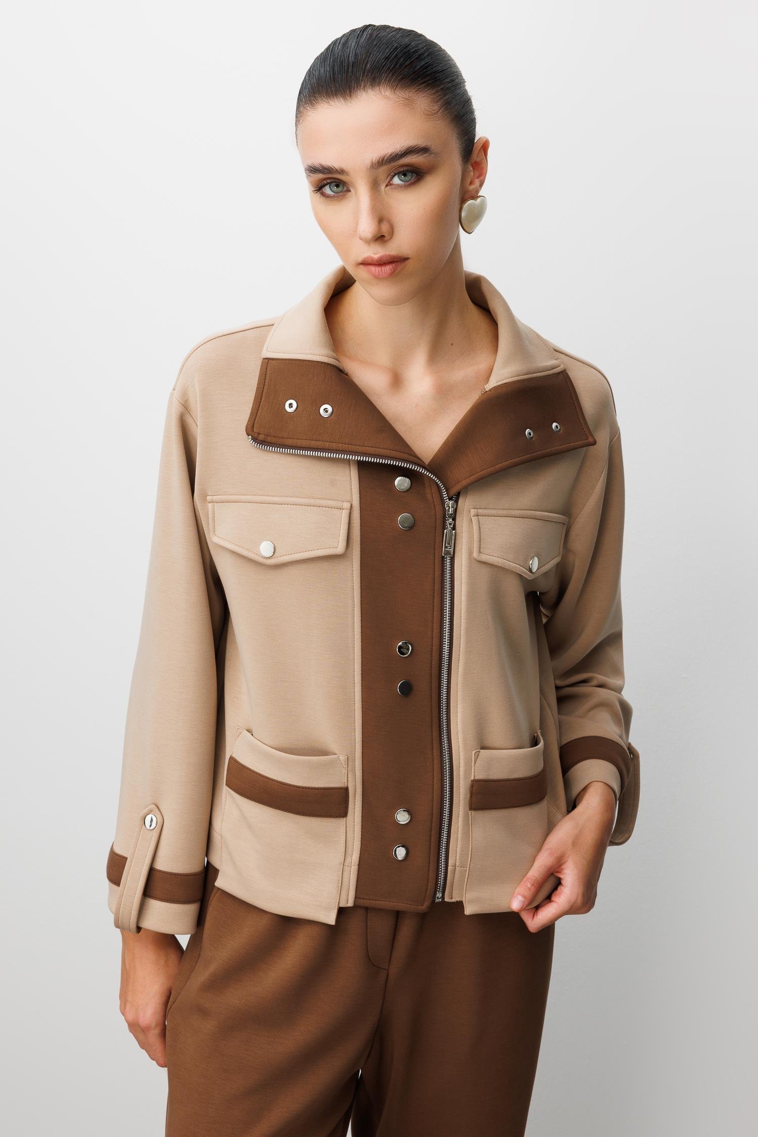 Modailgi  Fermuar Kapamalı Düşük Kol Cep Ve Apolet Detaylı Kısa Devrik Yaka Gömlek - 40064 Vizon