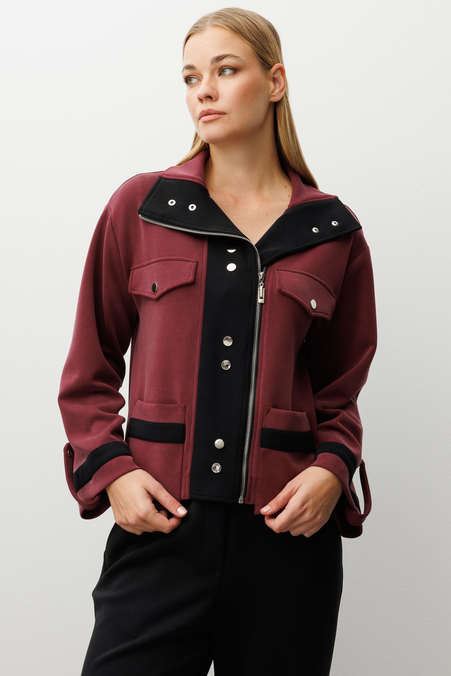 Modailgi  Fermuar Kapamalı Düşük Kol Cep Ve Apolet Detaylı Kısa Devrik Yaka Gömlek - 40064 Bordo