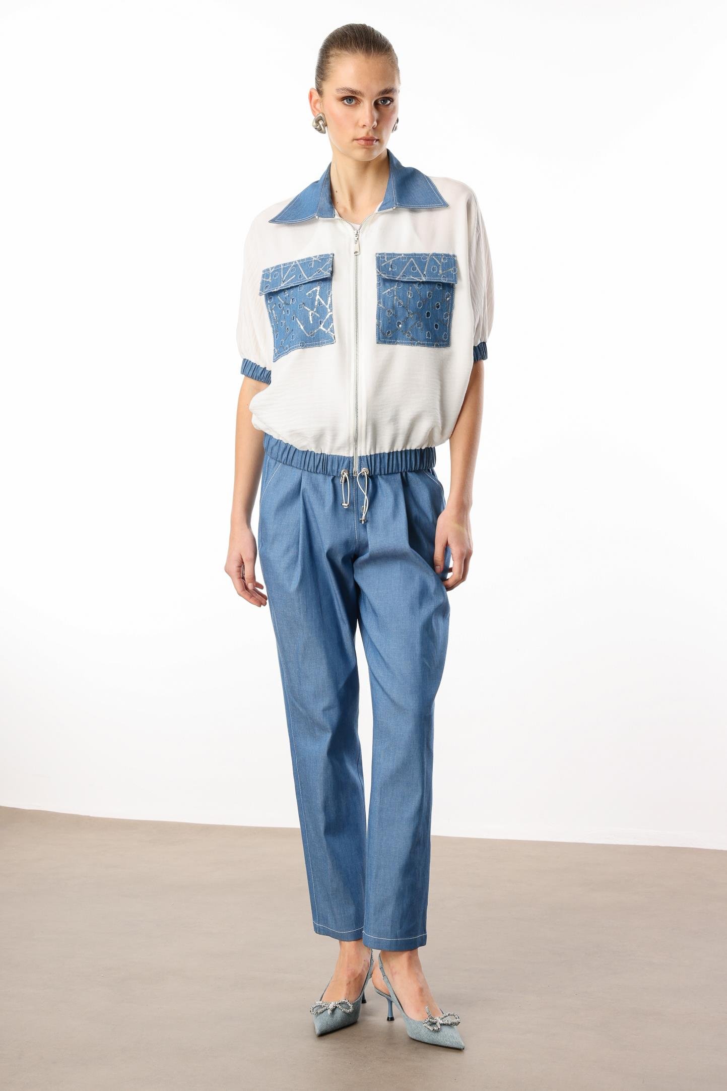 Modailgi  Fermuar Kapamalı Düz ve Pullu Tencel Kumaş Garnili Kısa Bluz Orijinal