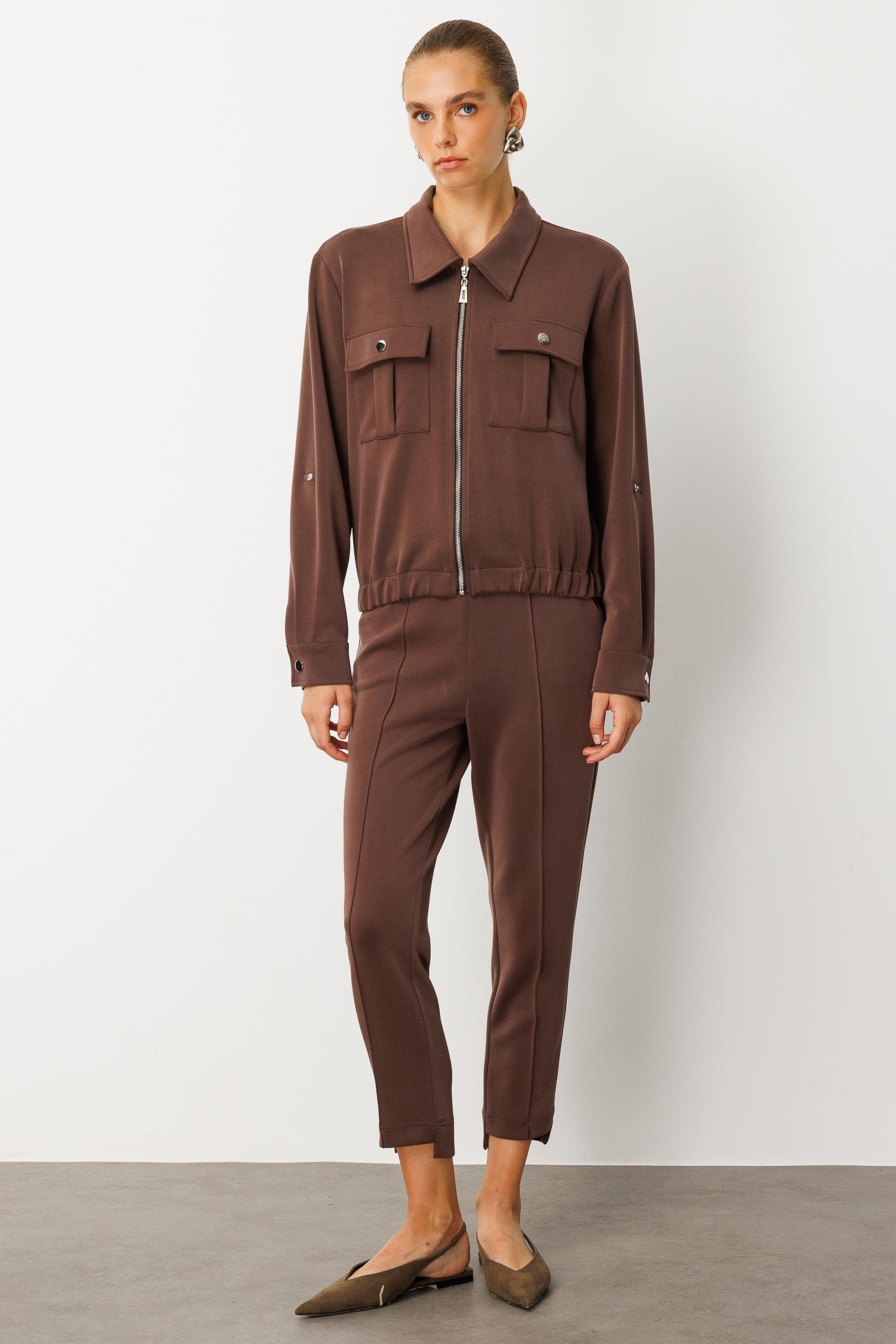 Modailgi  Fermuar Kapamalı Etek Altı Lastikli Kapak Cep Detaylı Örme Gömlek - 40055 Kahve