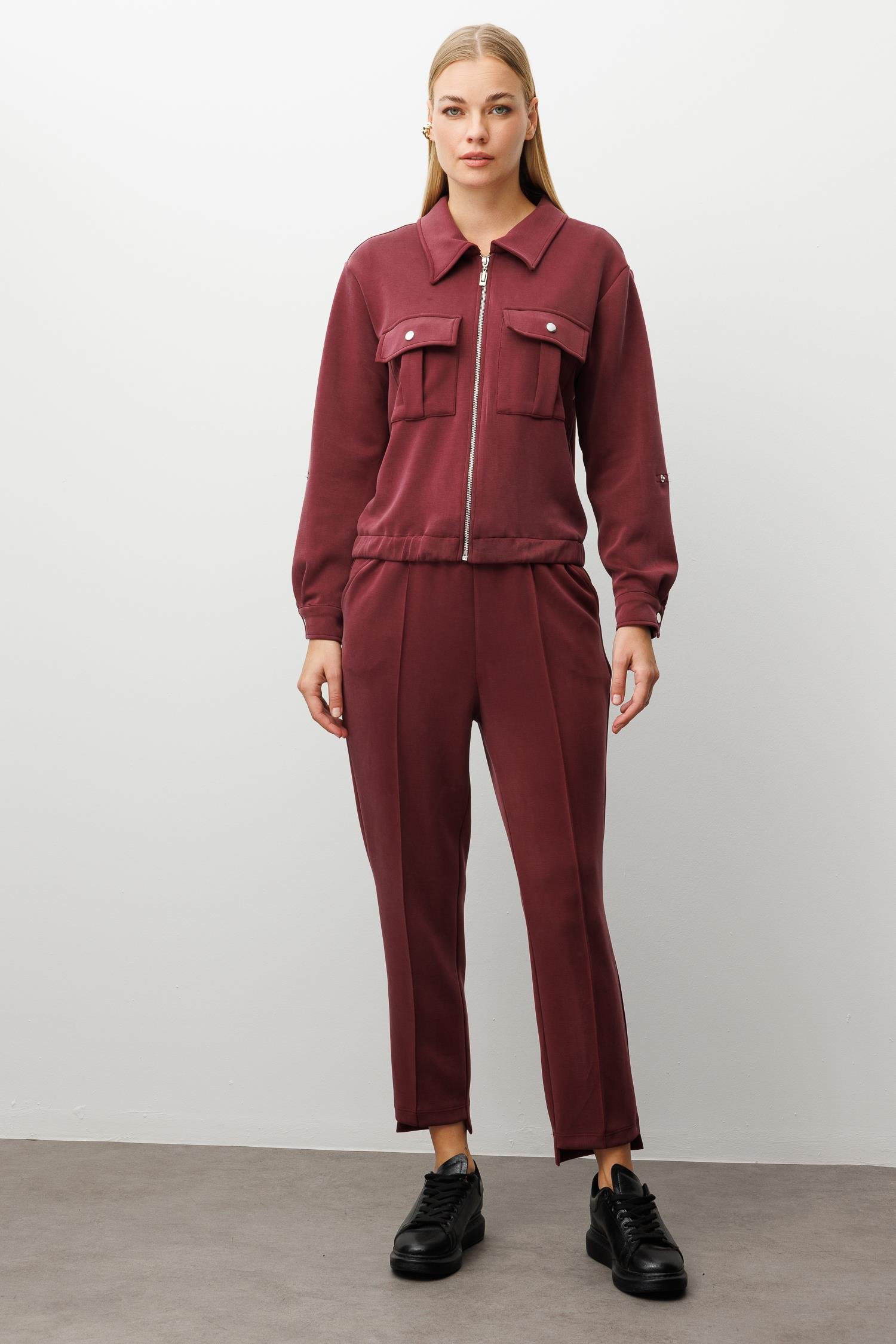 Modailgi  Fermuar Kapamalı Etek Altı Lastikli Kapak Cep Detaylı Örme Gömlek - 40055 Bordo