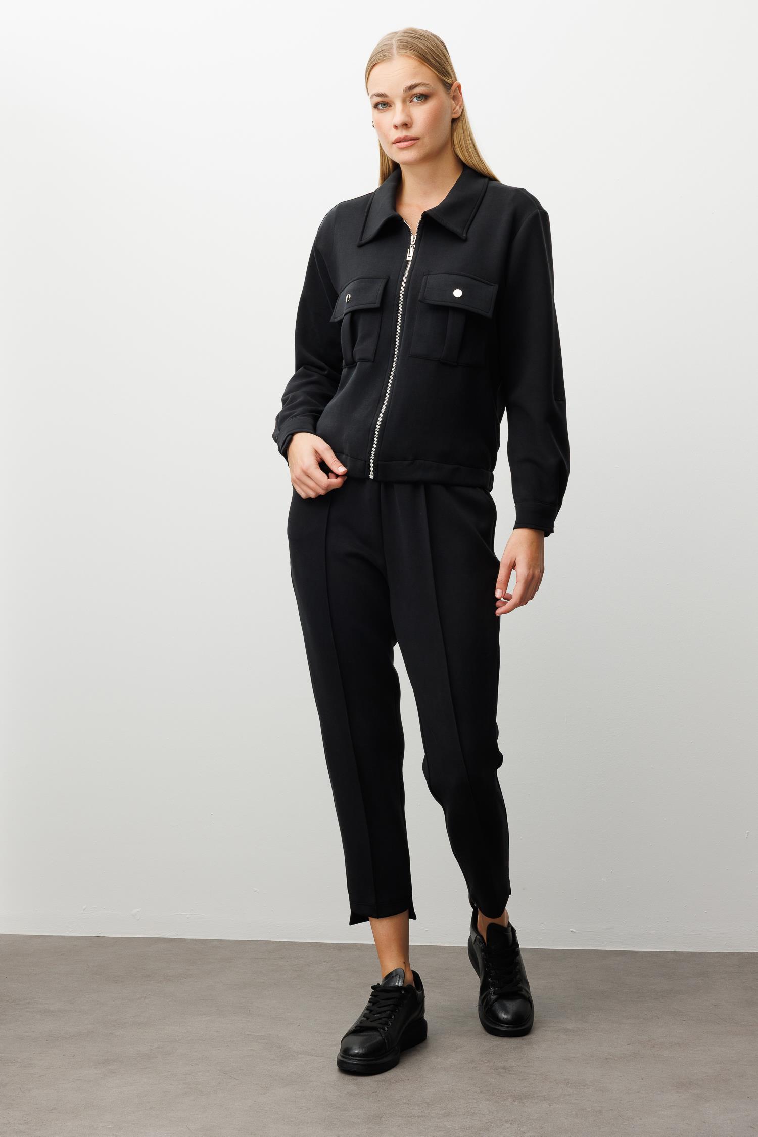 Modailgi  Fermuar Kapamalı Etek Altı Lastikli Kapak Cep Detaylı Örme Gömlek - 40055 Siyah