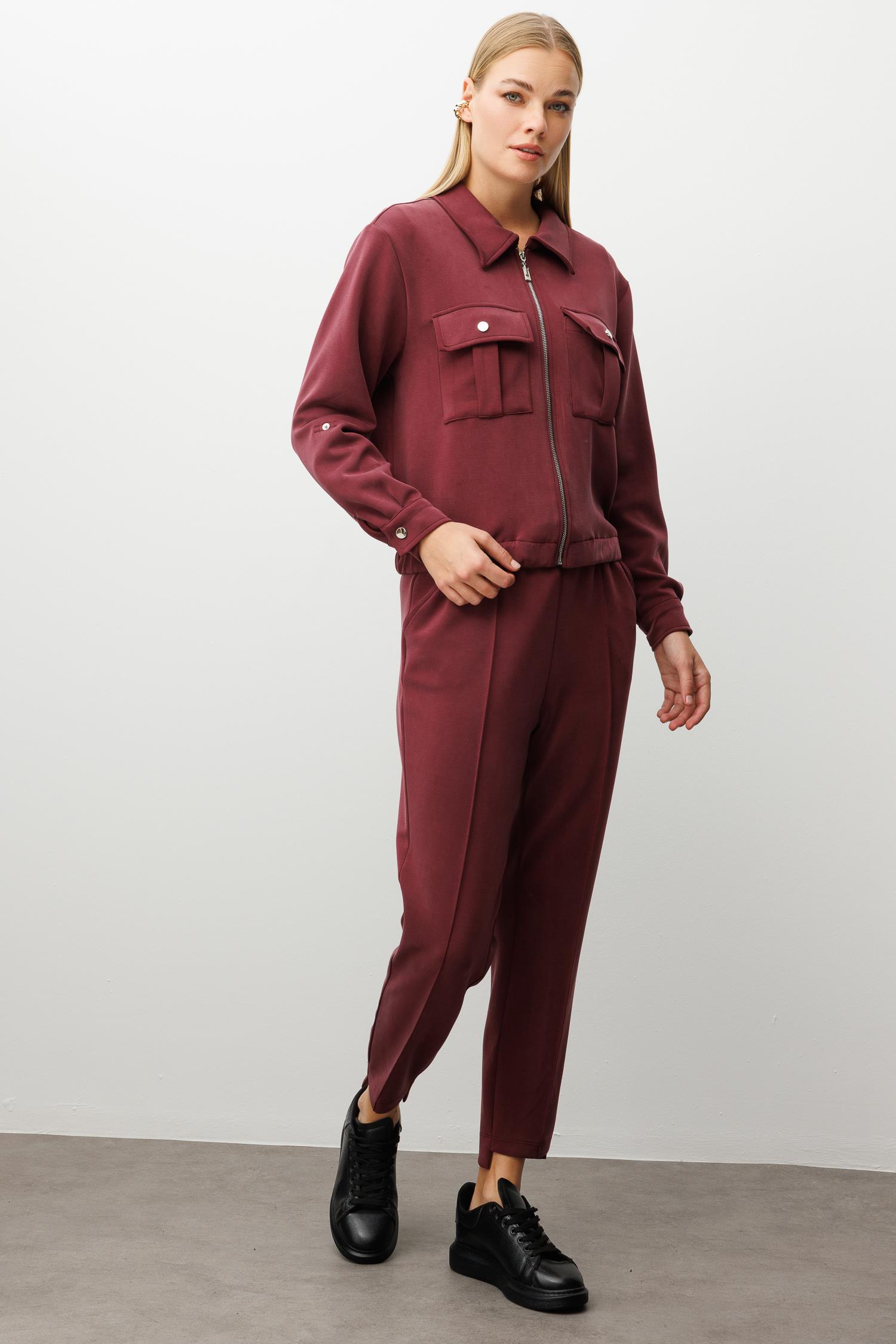 Modailgi  Fermuar Kapamalı Etek Altı Lastikli Kapak Cep Detaylı Örme Gömlek - 40055 Bordo