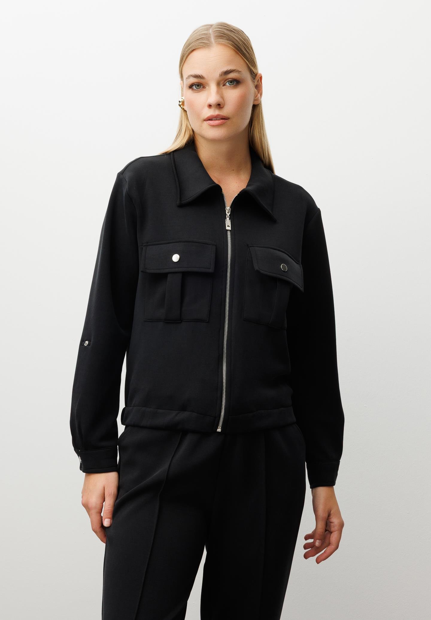 Modailgi  Fermuar Kapamalı Etek Altı Lastikli Kapak Cep Detaylı Örme Gömlek - 40055 Siyah