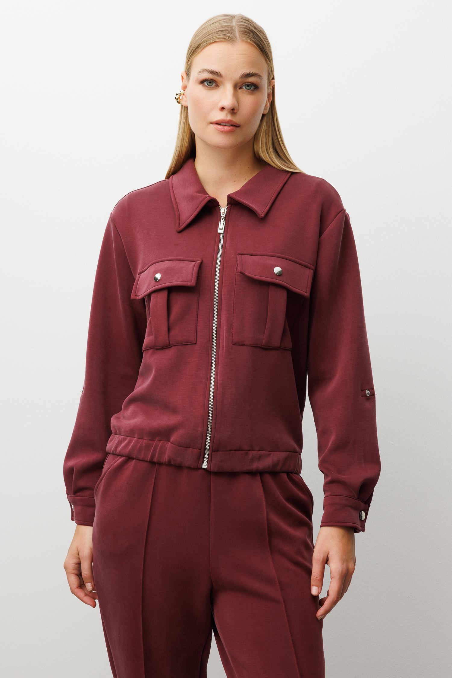 Modailgi  Fermuar Kapamalı Etek Altı Lastikli Kapak Cep Detaylı Örme Gömlek - 40055 Bordo