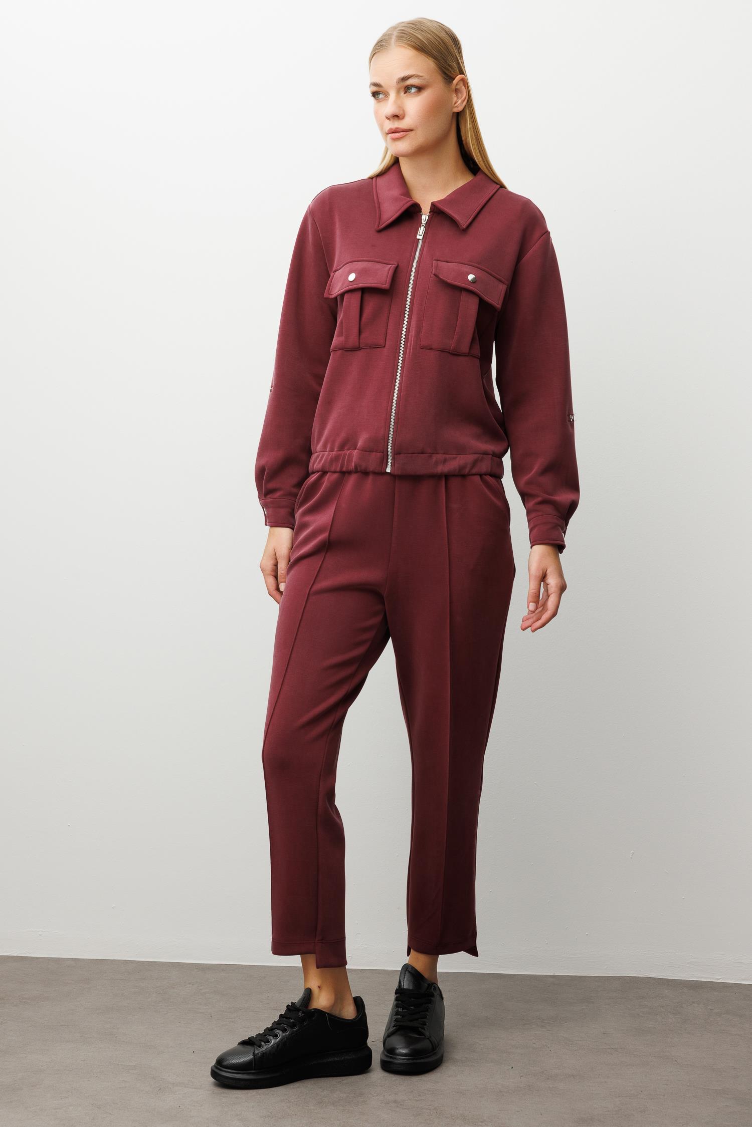 Modailgi  Fermuar Kapamalı Etek Altı Lastikli Kapak Cep Detaylı Örme Gömlek - 40055 Bordo