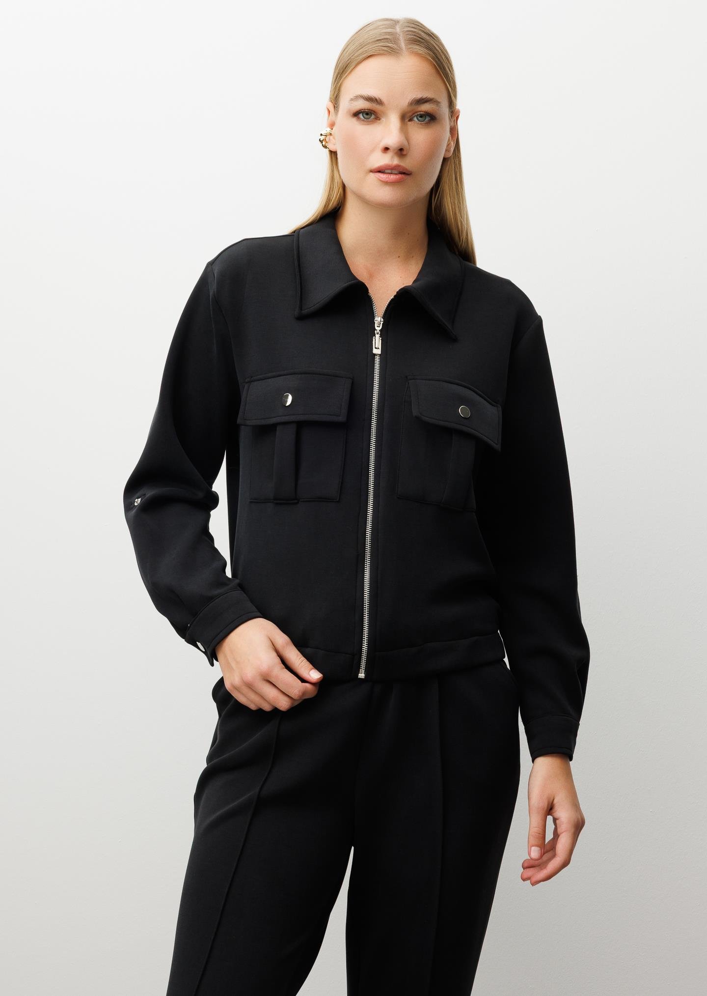 Modailgi  Fermuar Kapamalı Etek Altı Lastikli Kapak Cep Detaylı Örme Gömlek - 40055 Siyah