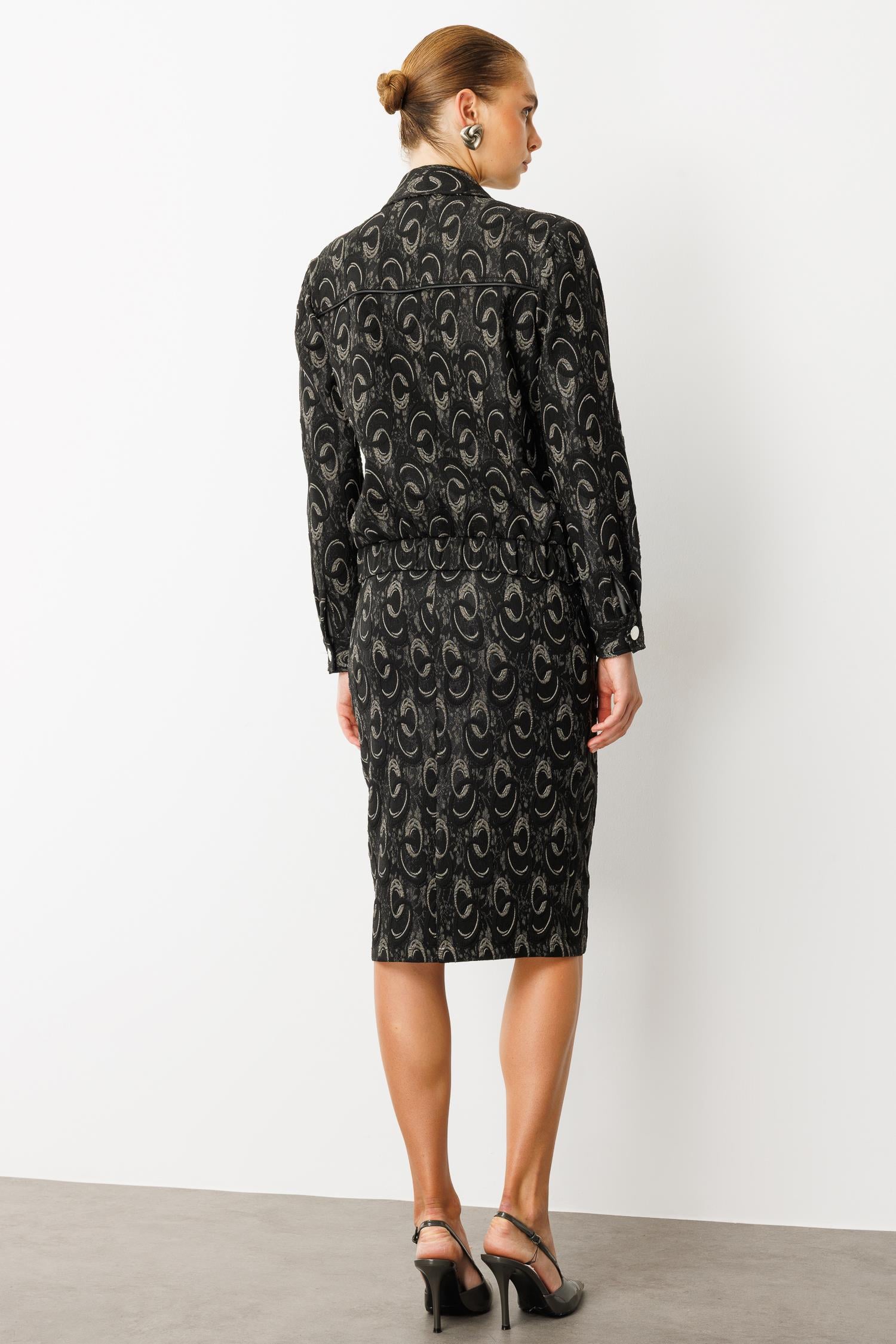 Modailgi  Fermuar Kapamalı Etek Altı Lastikli Kapak Cepli Astarsız Jakar Mont Ceket Gri/Siyah