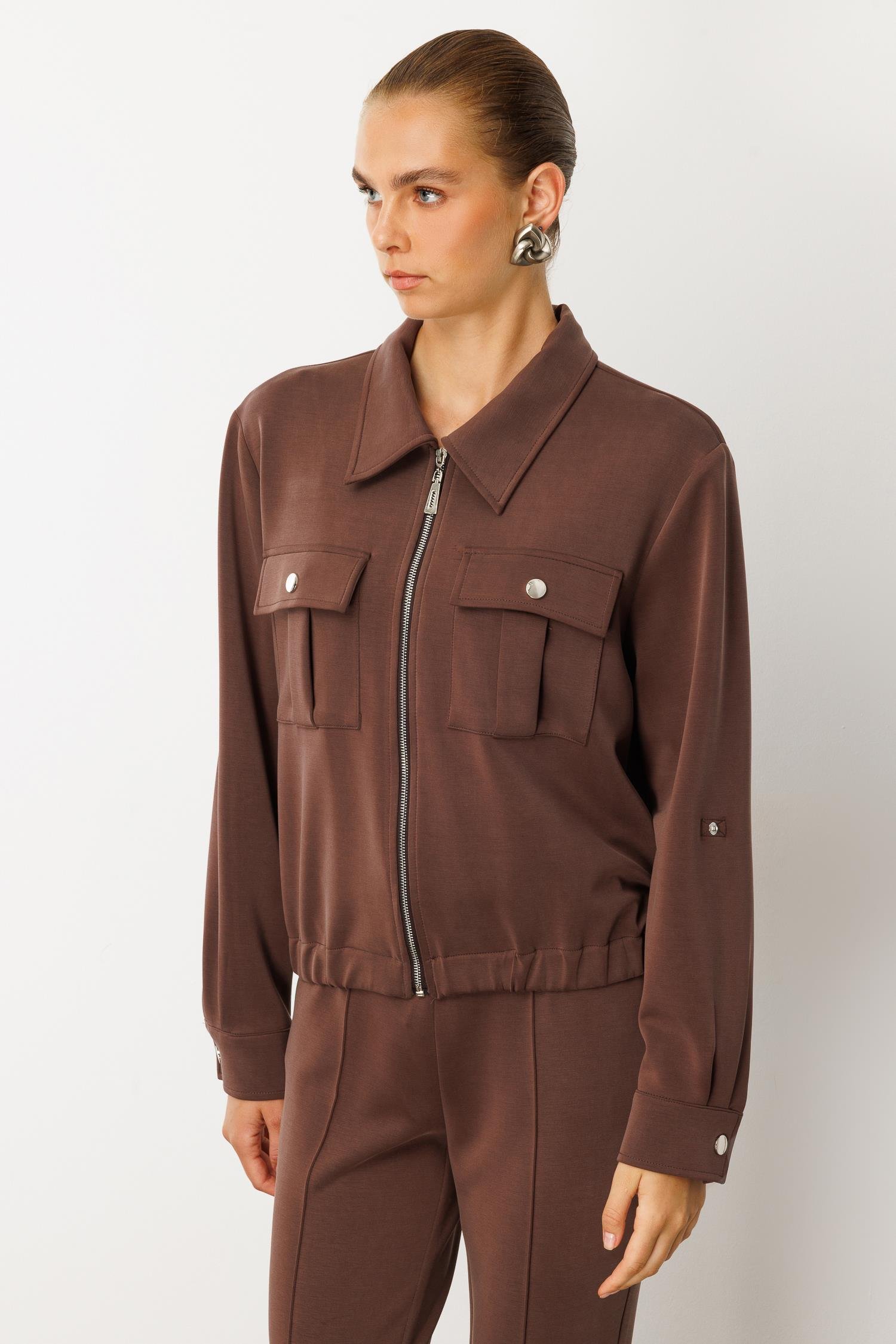 Modailgi  Fermuar Kapamalı Etek Altı Lastikli Kapak Cep Detaylı Örme Gömlek - 40055 Kahve