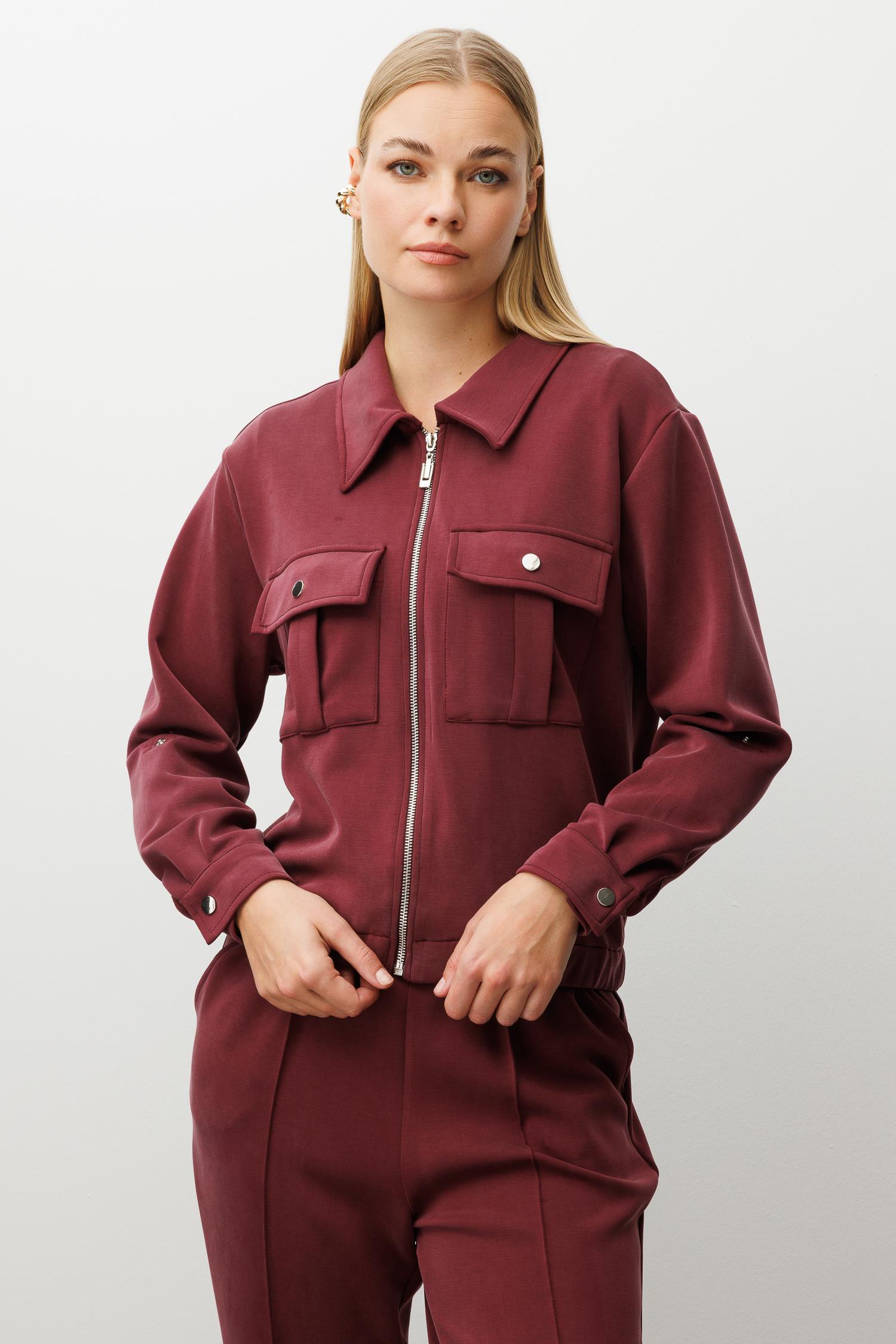 Modailgi  Fermuar Kapamalı Etek Altı Lastikli Kapak Cep Detaylı Örme Gömlek - 40055 Bordo