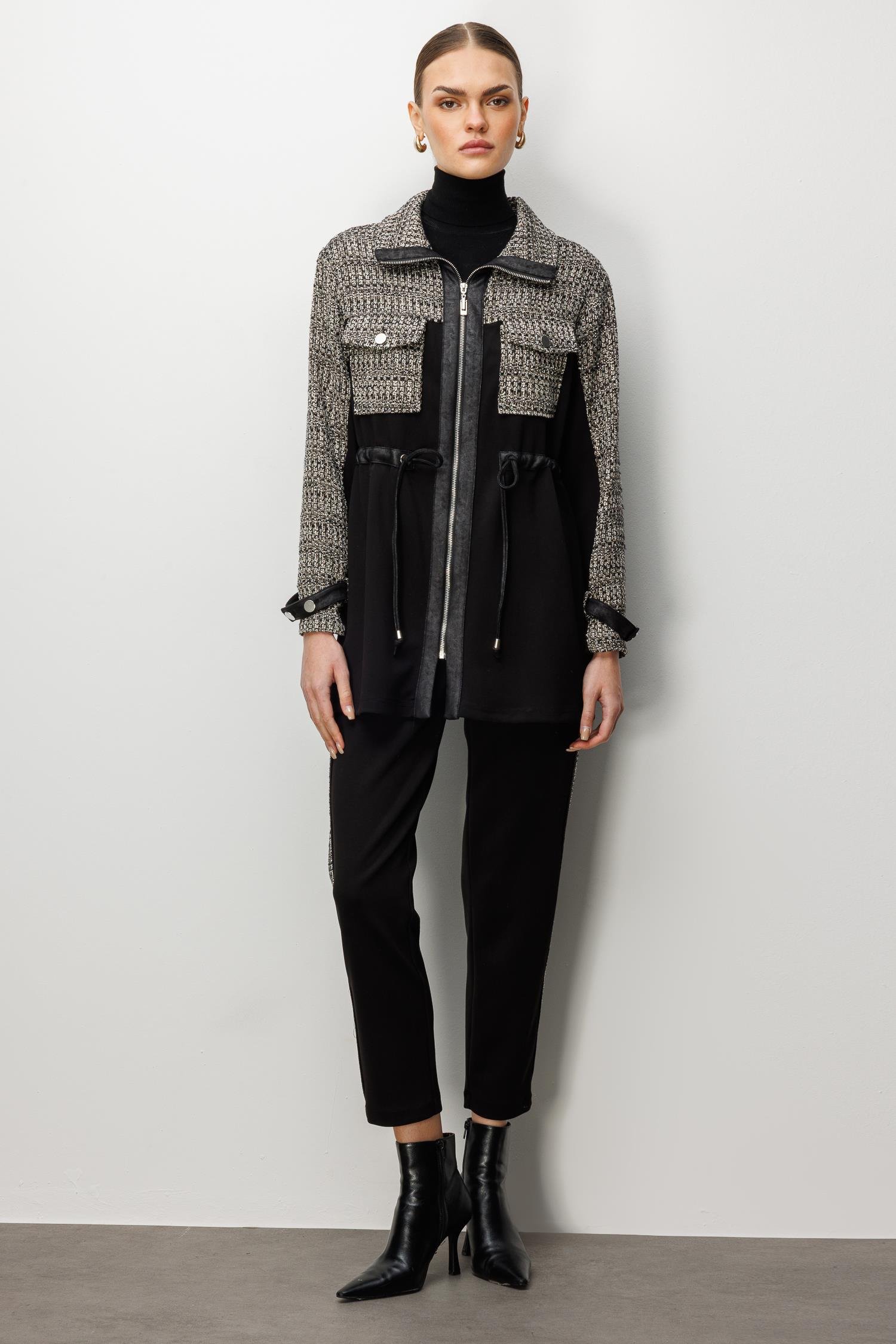 Modailgi  Fermuar Kapamalı Tünel Bağcık Detaylı Düz Kumaş Garni Detaylı Tunik - 40050 Siyah