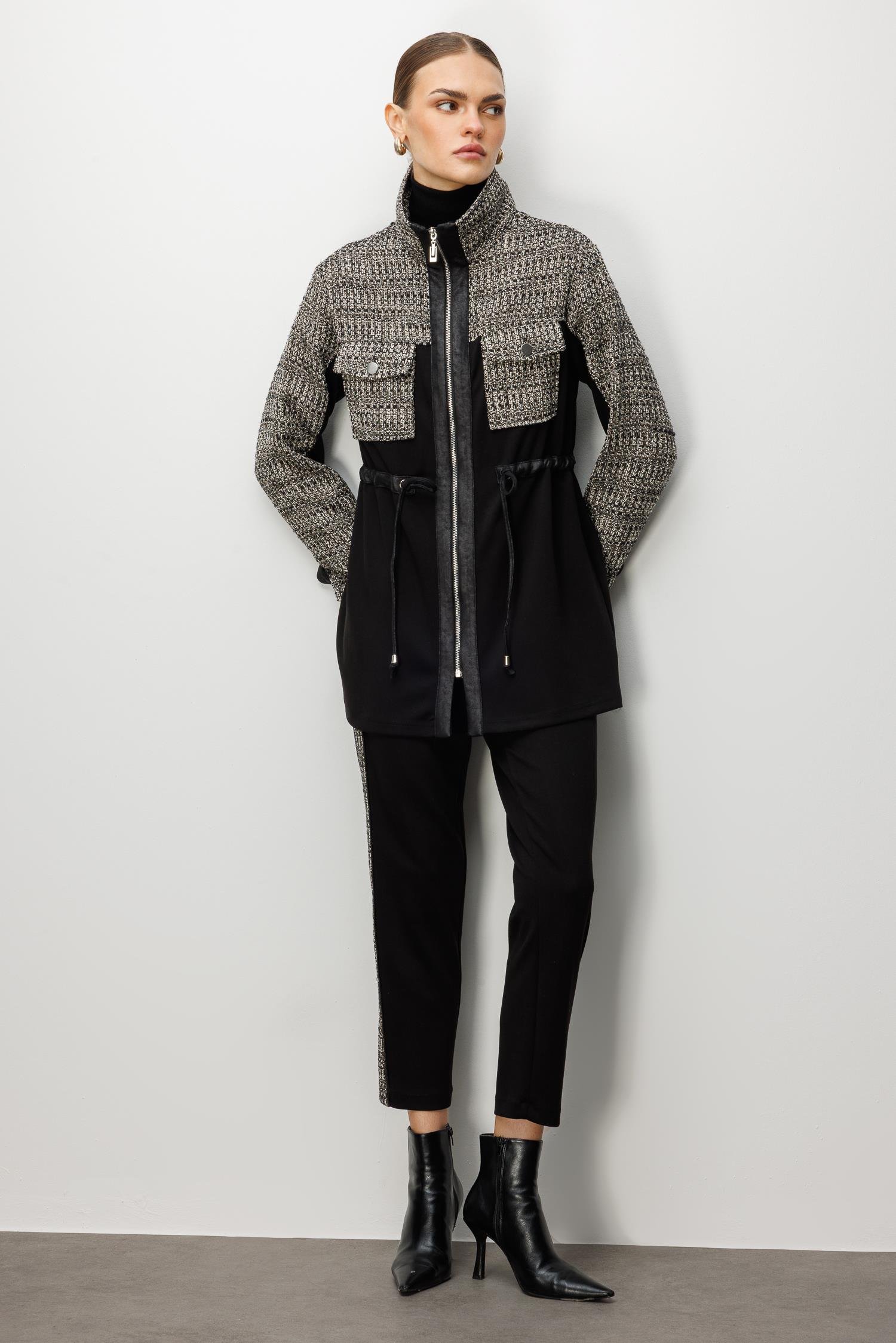 Modailgi  Fermuar Kapamalı Tünel Bağcık Detaylı Düz Kumaş Garni Detaylı Tunik - 40050 Siyah