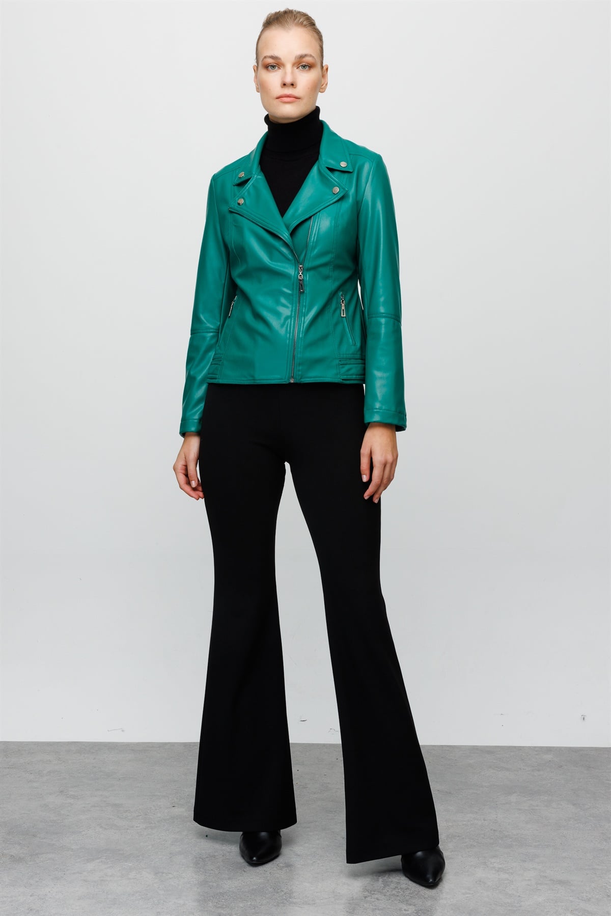 Modailgi  Fermuarlı Deri Mont Yeşil