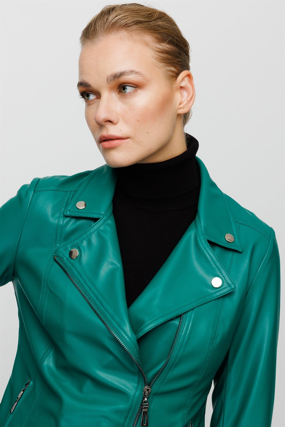 Modailgi  Fermuarlı Deri Mont Yeşil