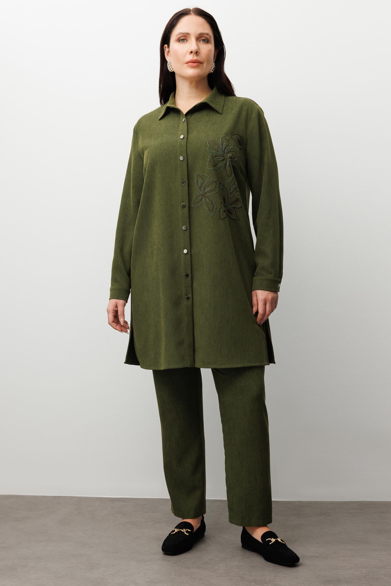 Modailgi  Fitilli Kadife Çiçek Baskılı Tunik Yeşil