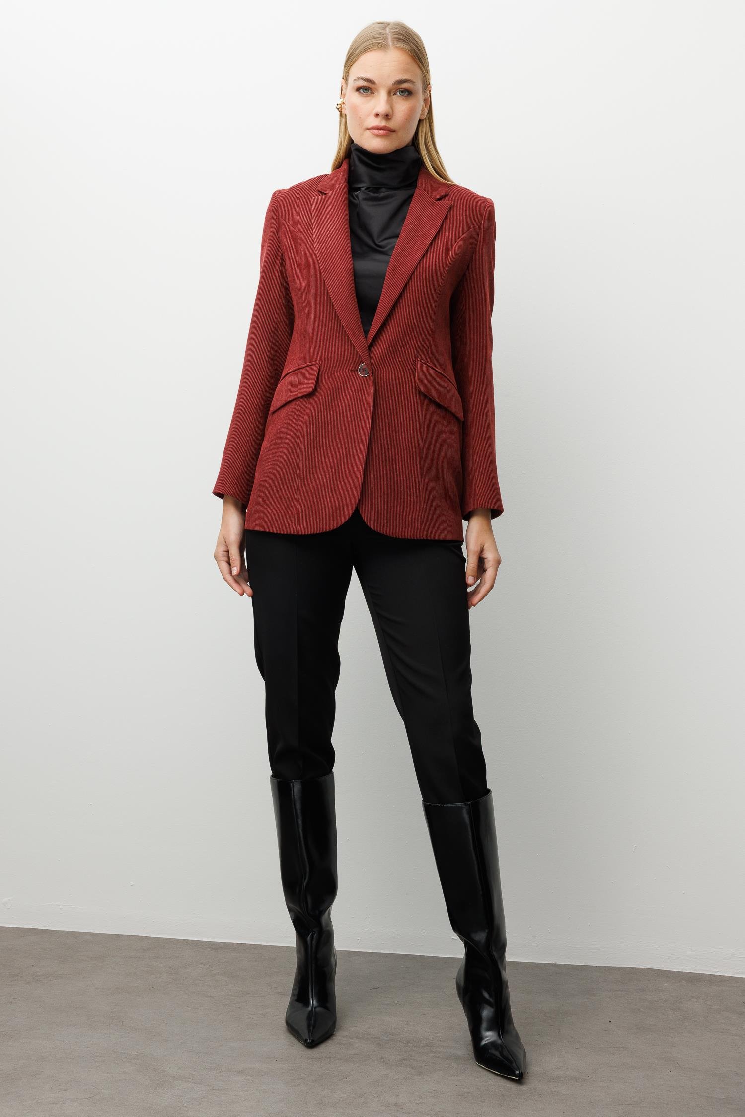 Modailgi  Fitilli Kadife Tek Düğme Klasik Ceket Bordo