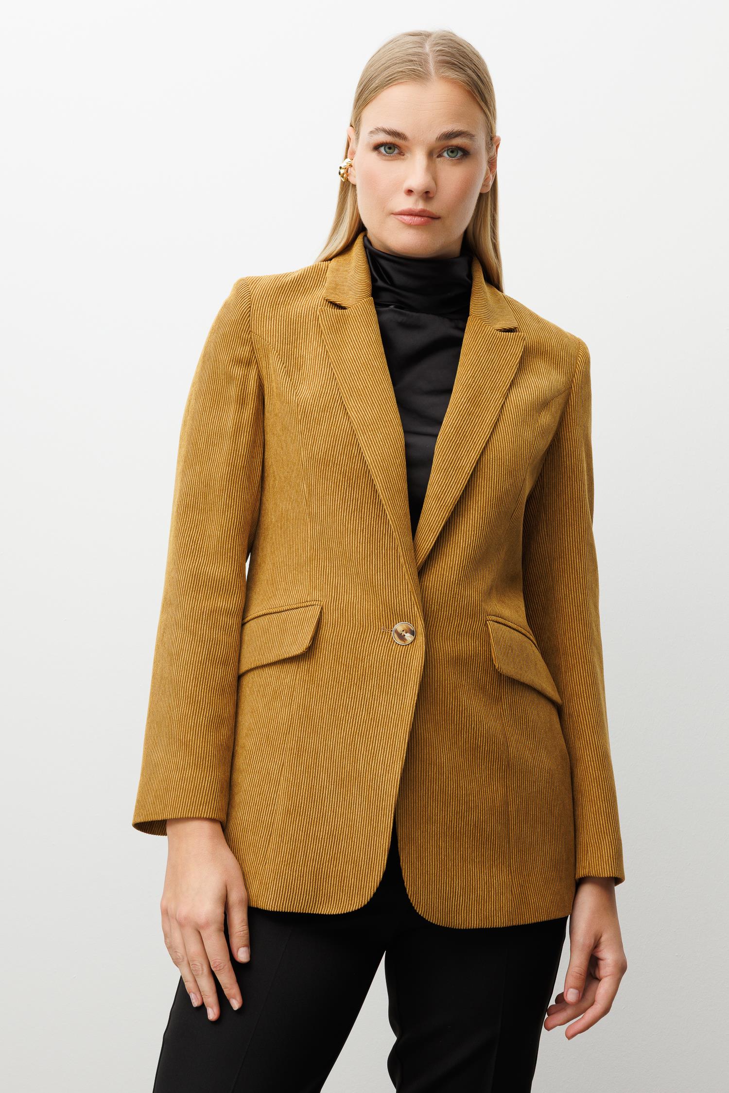 Modailgi  Fitilli Kadife Tek Düğme Klasik Ceket Hardal