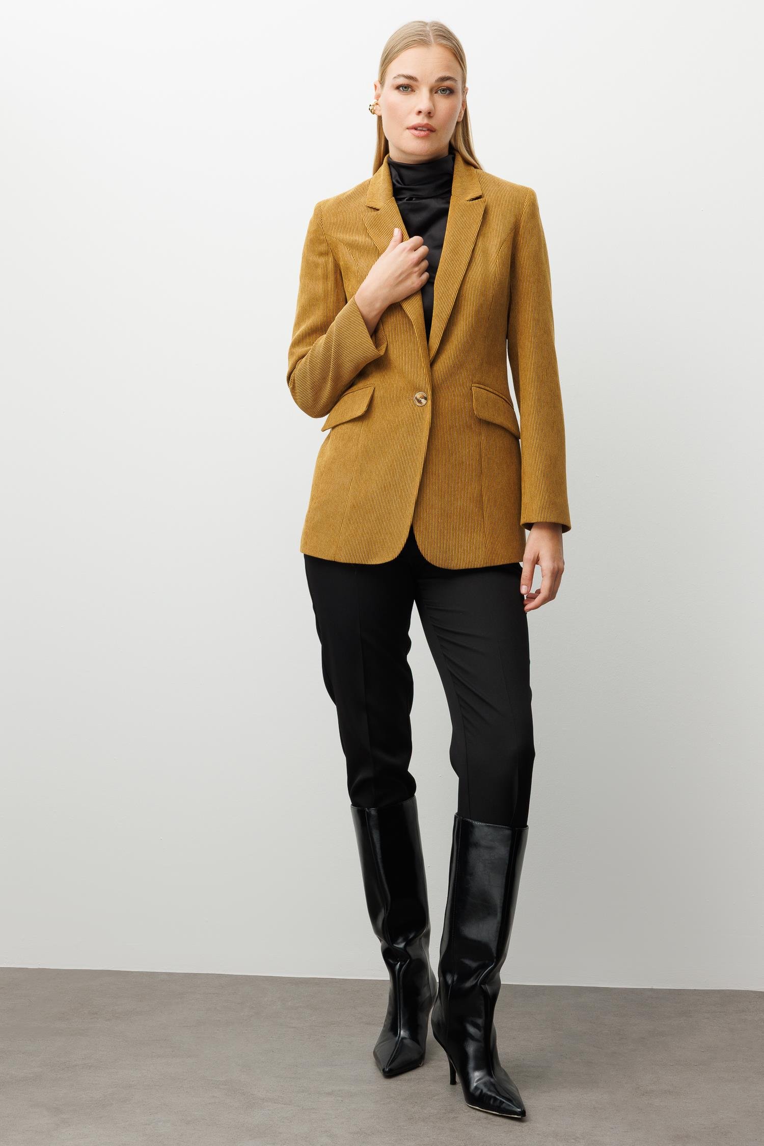 Modailgi  Fitilli Kadife Tek Düğme Klasik Ceket Hardal