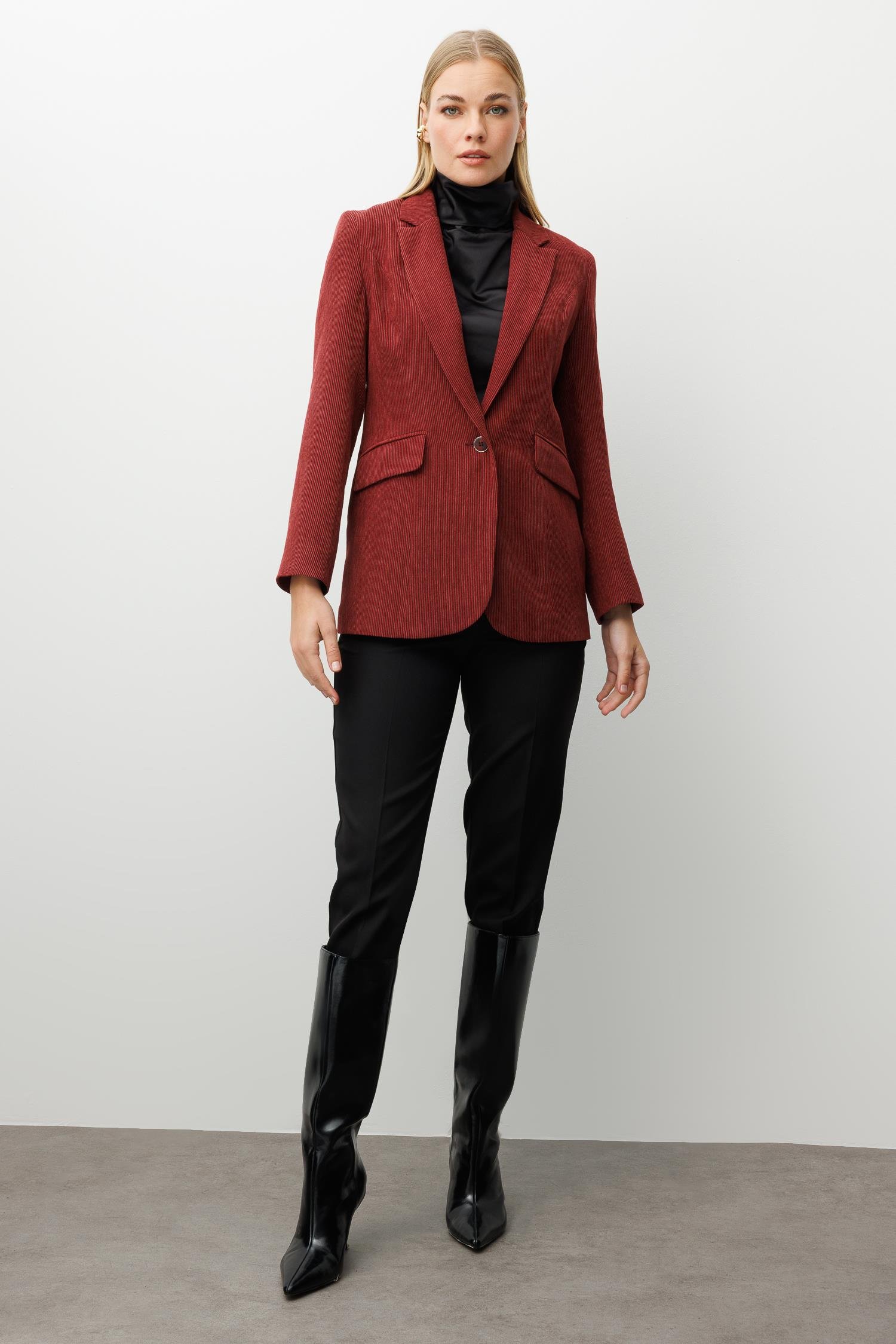 Modailgi  Fitilli Kadife Tek Düğme Klasik Ceket Bordo