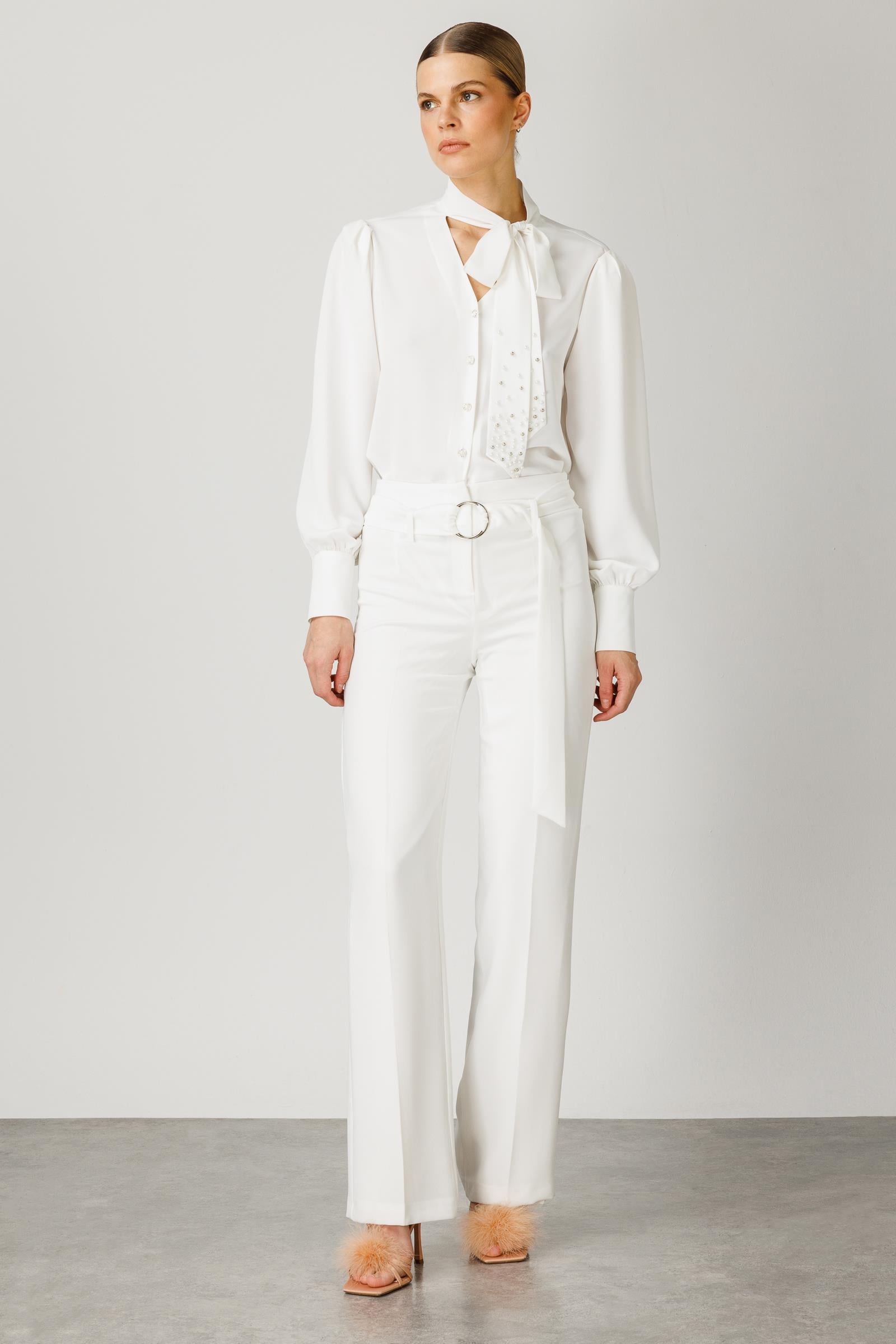 Modailgi  Geniş Paça Kemerli Pantolon Ekru