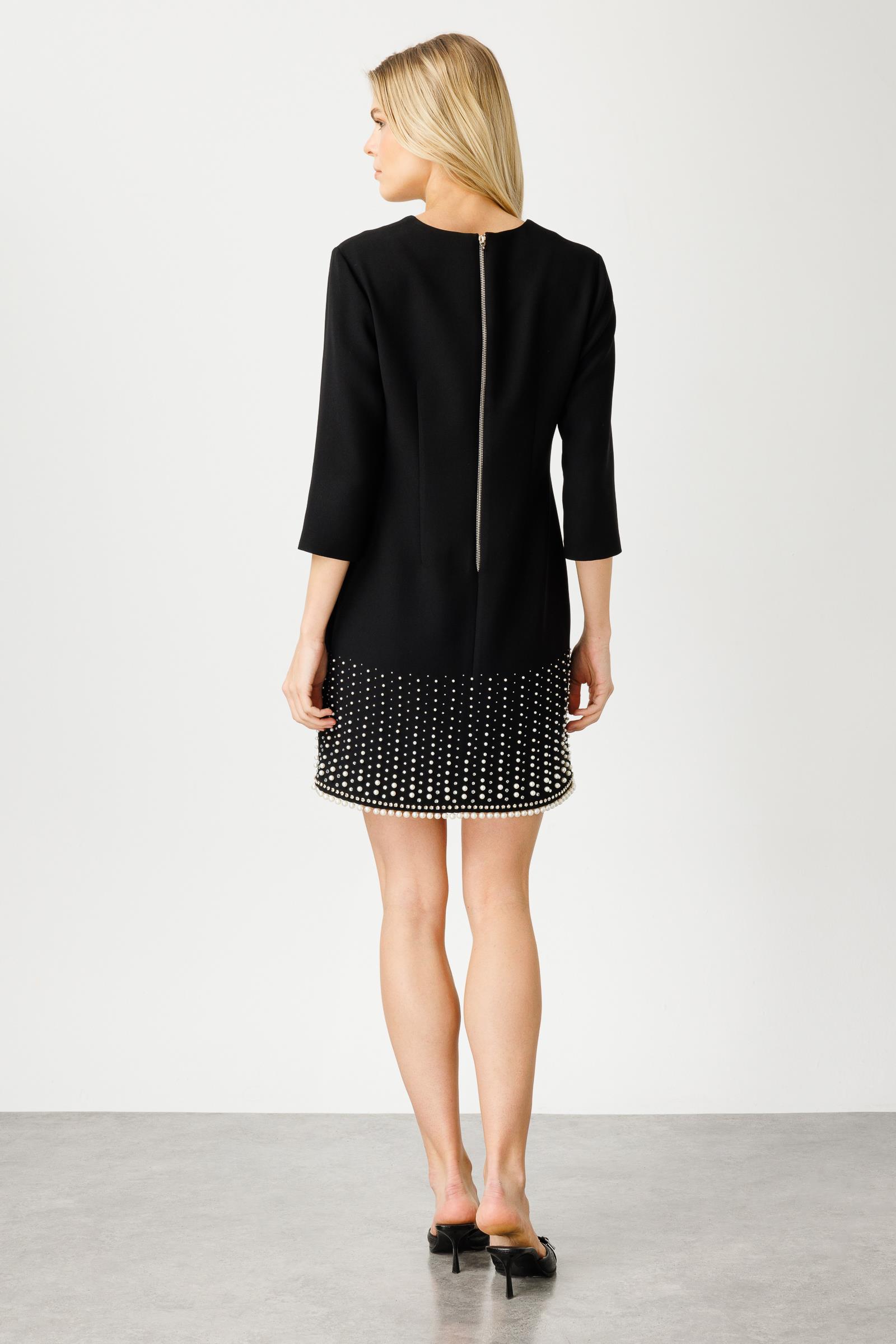 Modailgi  İnci Detaylı Kare Yaka Mini Elbise Siyah