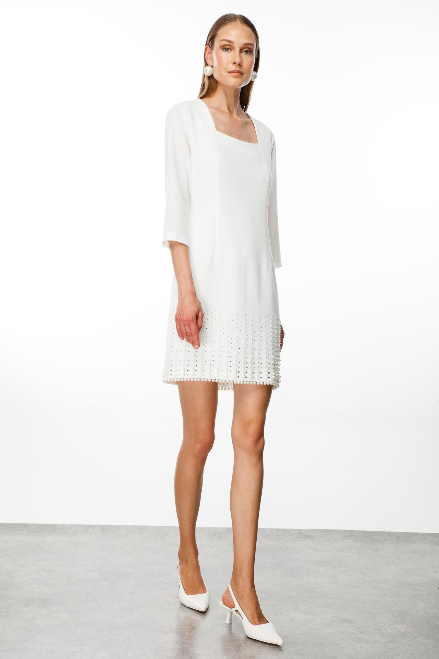 Modailgi  İnci Detaylı Kare Yaka Mini Elbise Ekru