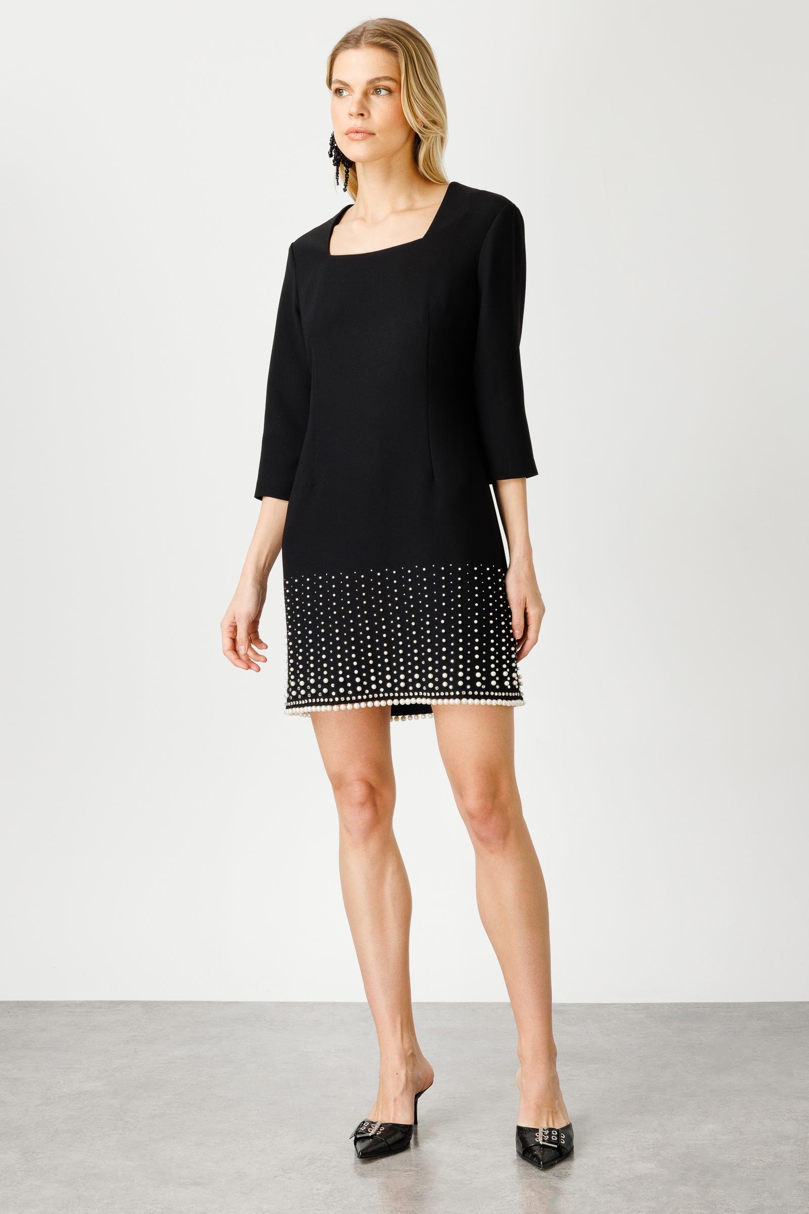 Modailgi  İnci Detaylı Kare Yaka Mini Elbise Siyah