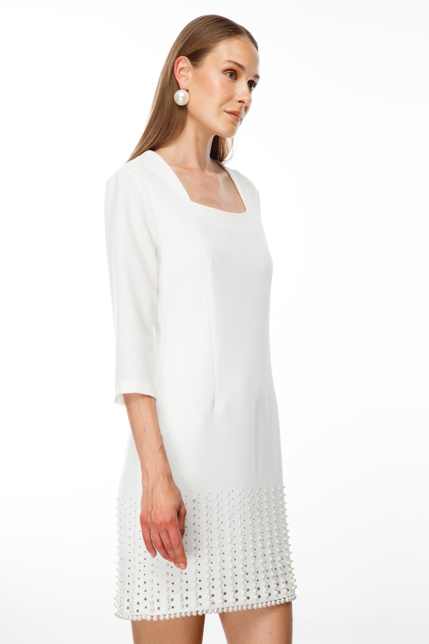 Modailgi  İnci Detaylı Kare Yaka Mini Elbise Ekru