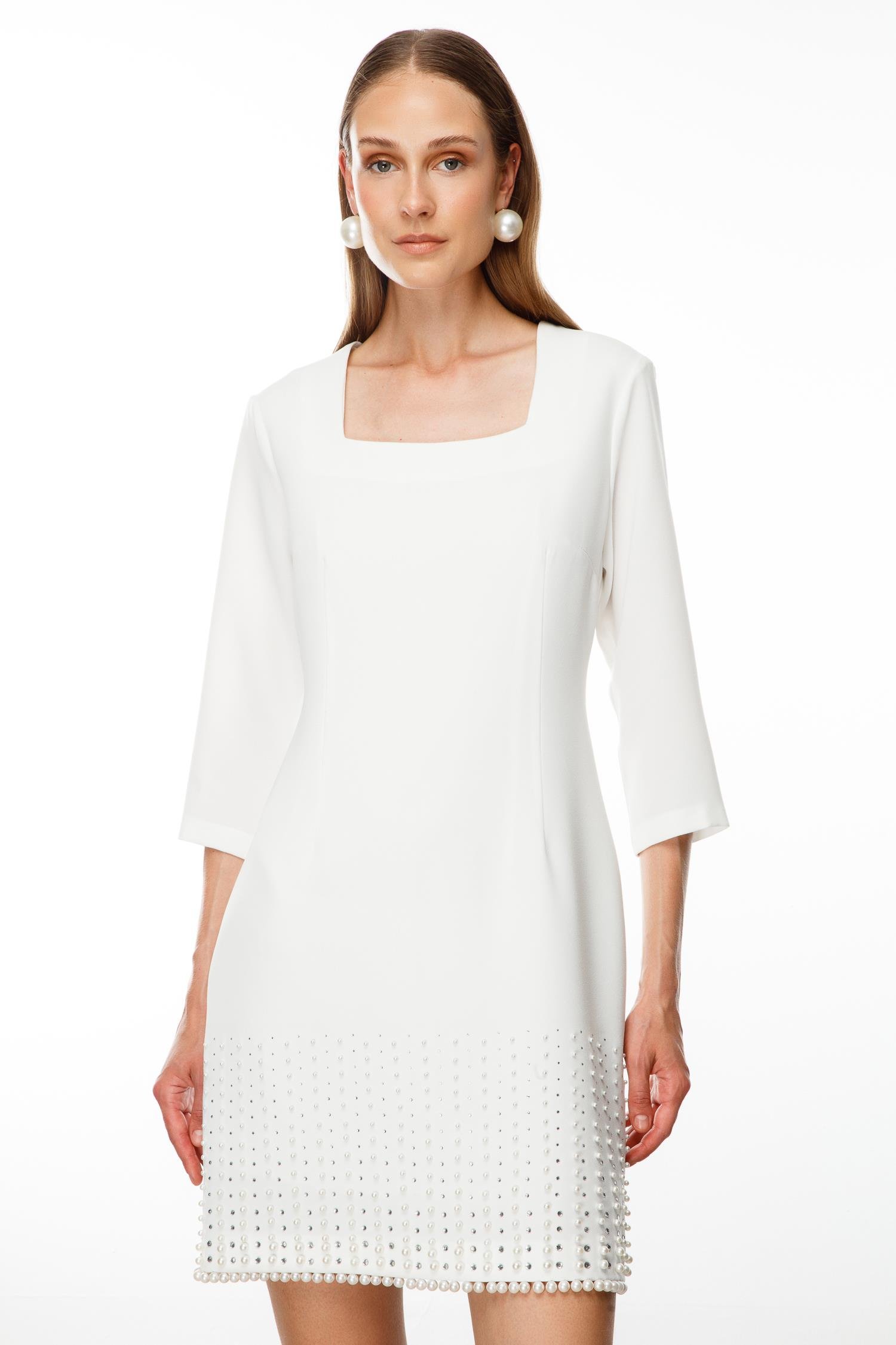 Modailgi  İnci Detaylı Kare Yaka Mini Elbise Ekru
