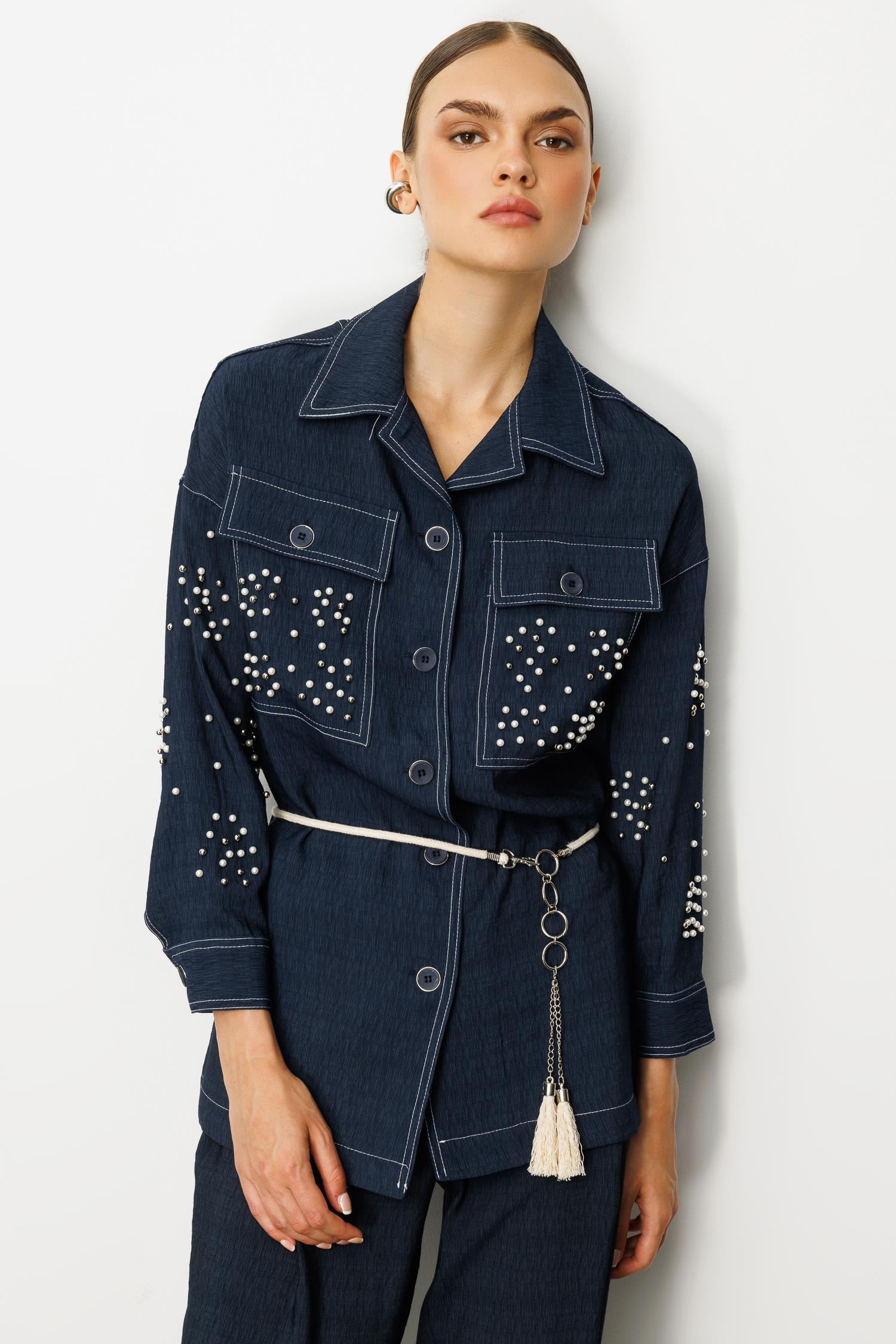Modailgi  İnci Detaylı Kuşaklı Oversize Tunik - 40097 Lacivert