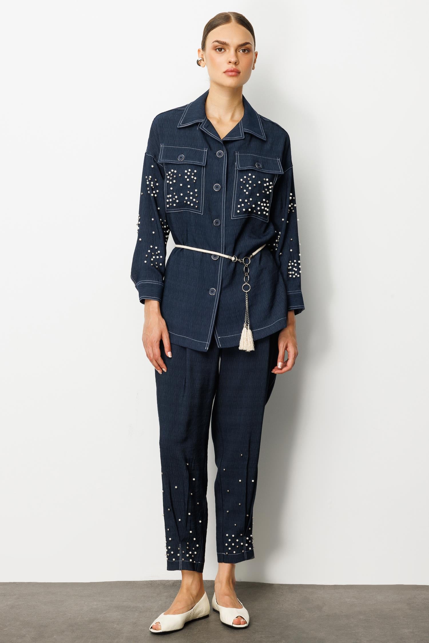Modailgi  İnci Detaylı Kuşaklı Oversize Tunik - 40097 Lacivert