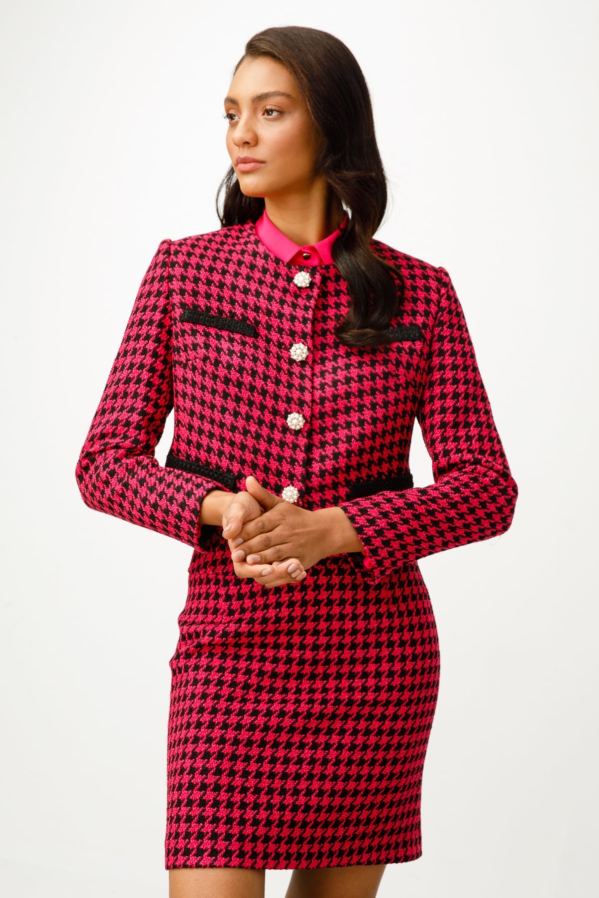 Modailgi  İnci Düğmeli Sıfır Yaka Ceket Fuşya