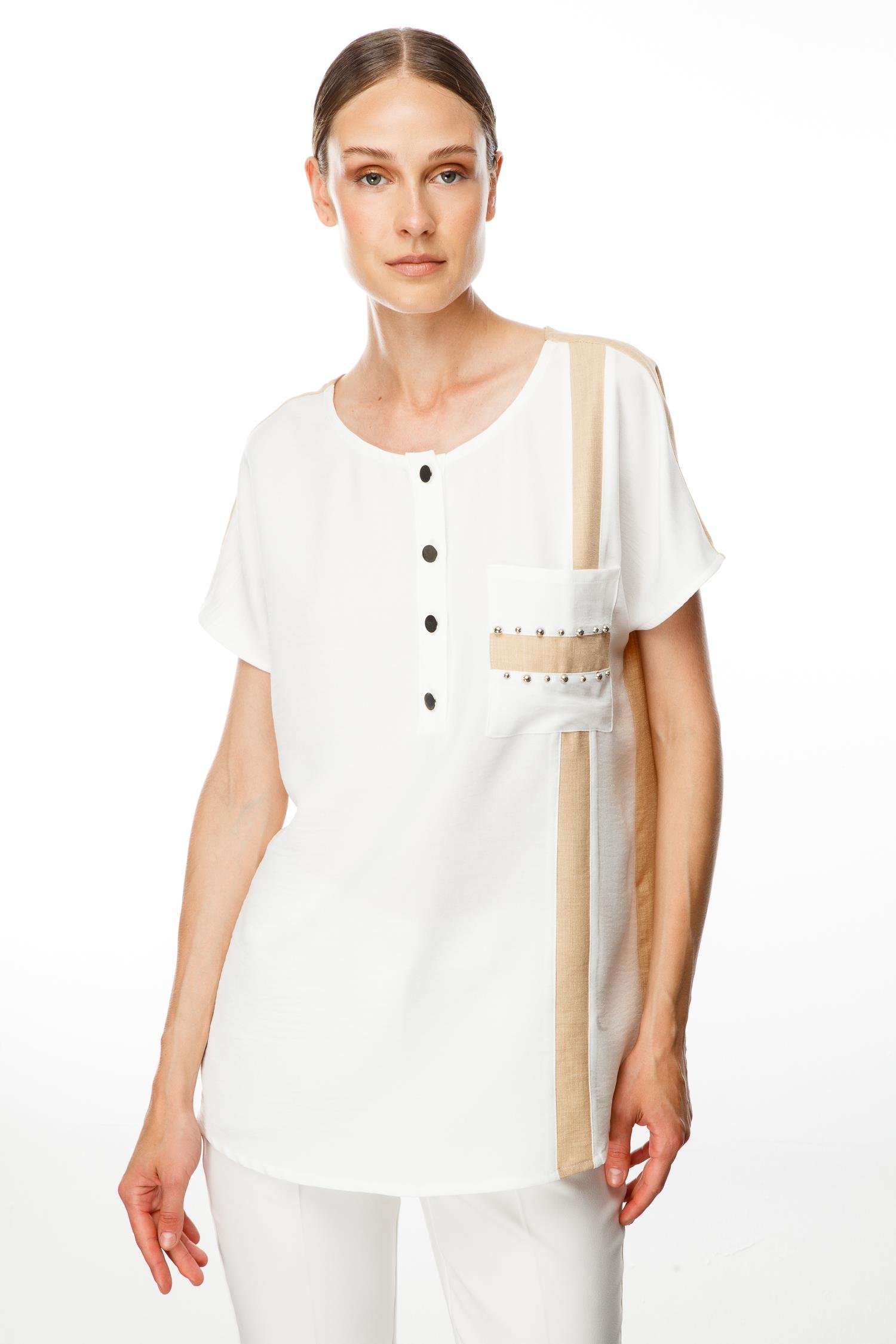 Modailgi  İşleme Detaylı Sıfır Yaka Bluz Ekru/Taş