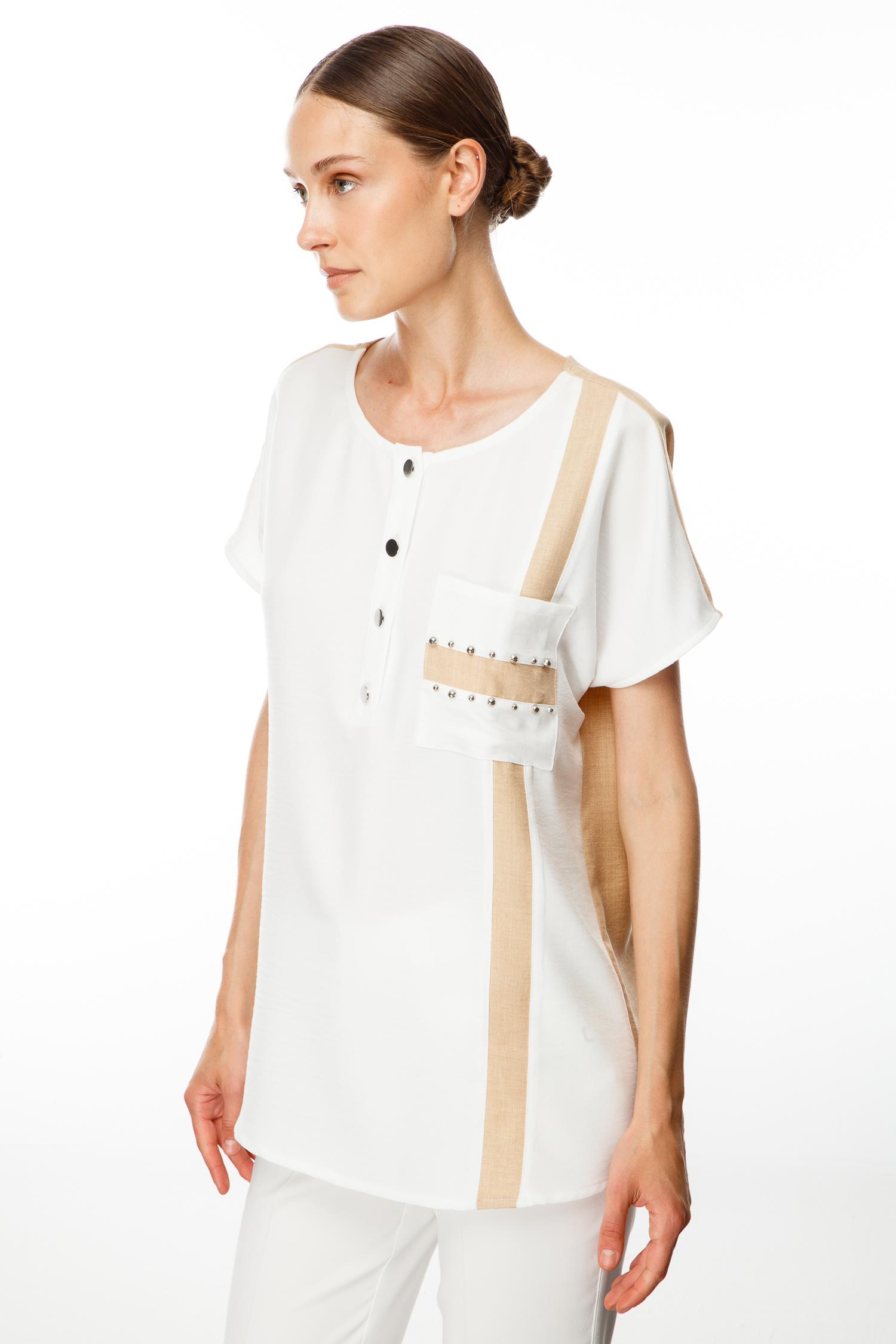 Modailgi  İşleme Detaylı Sıfır Yaka Bluz Ekru/Taş