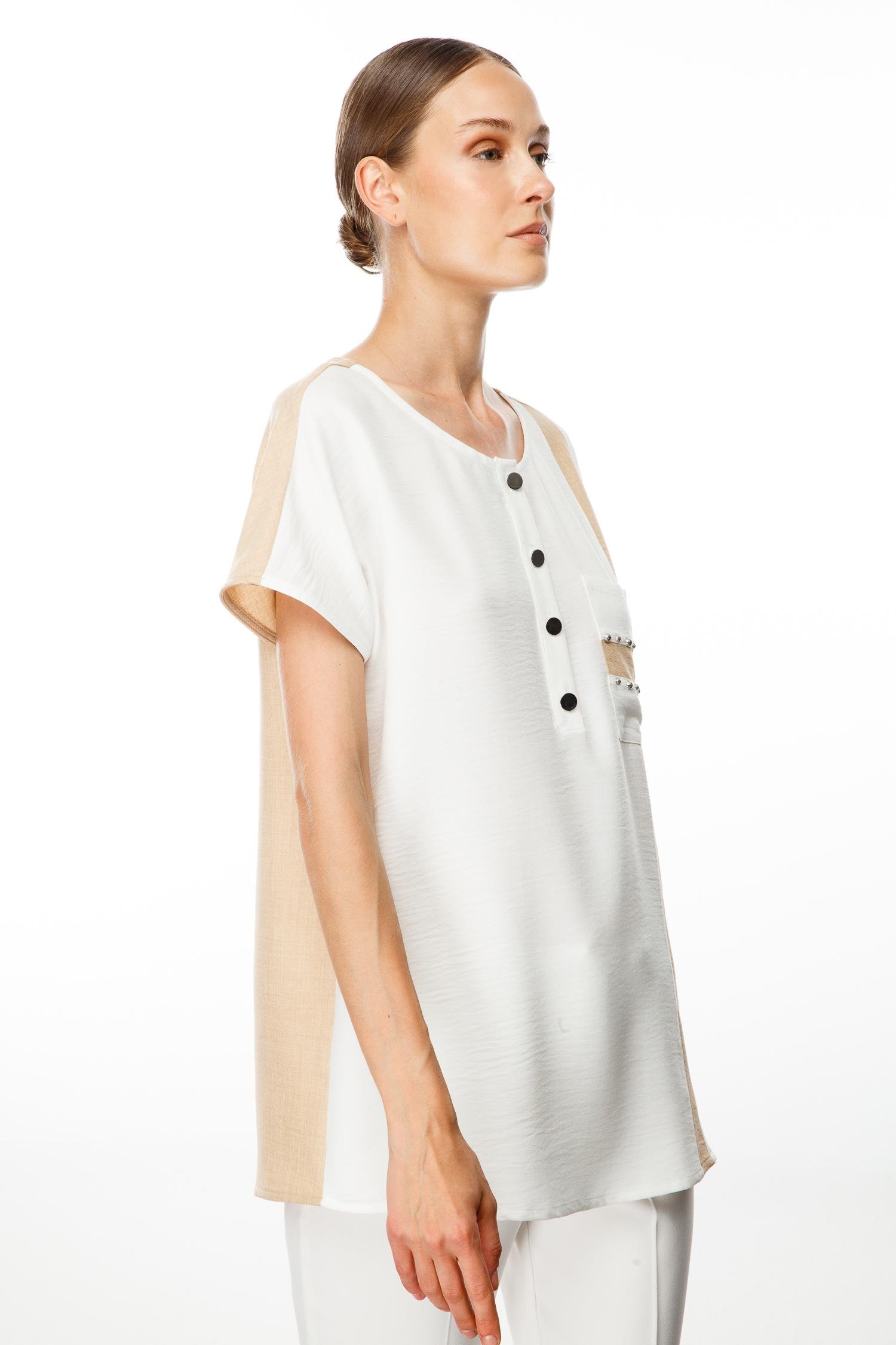 Modailgi  İşleme Detaylı Sıfır Yaka Bluz Ekru/Taş