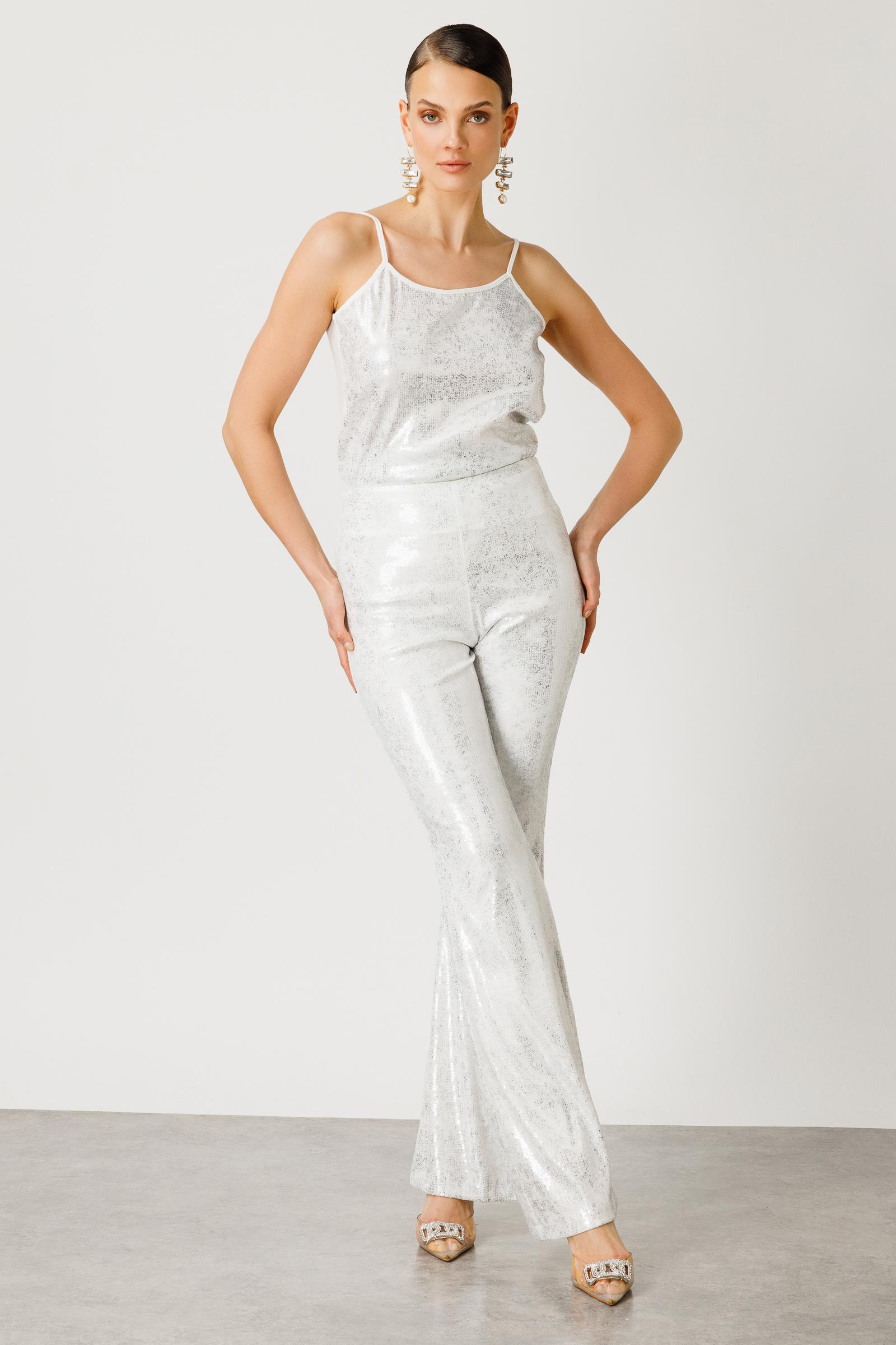 Modailgi  İspanyol Paça Pul Payet Pantolon Ekru