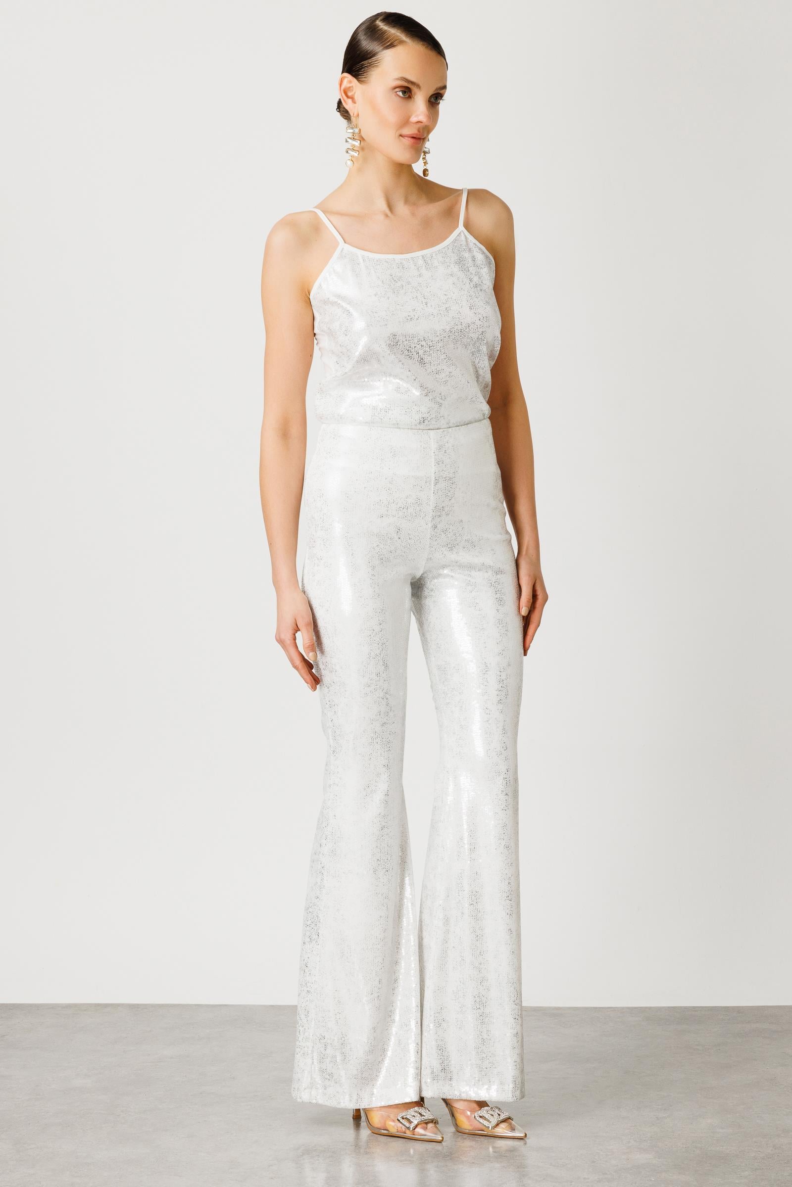 Modailgi  İspanyol Paça Pul Payet Pantolon Ekru