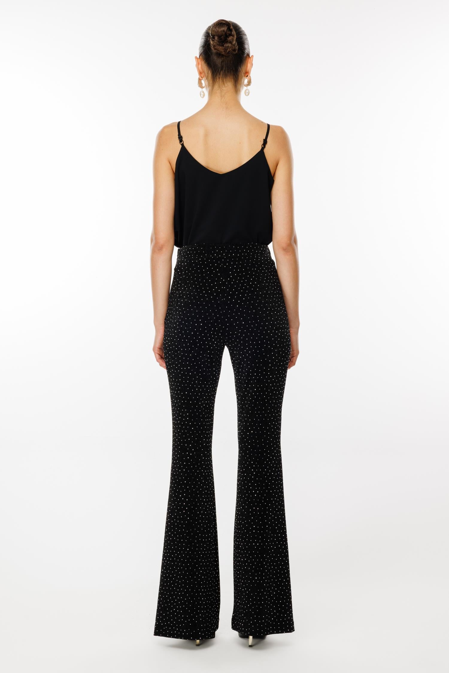 Modailgi  İspanyol Paça Taşlı Örme Pantolon - 7092 Siyah