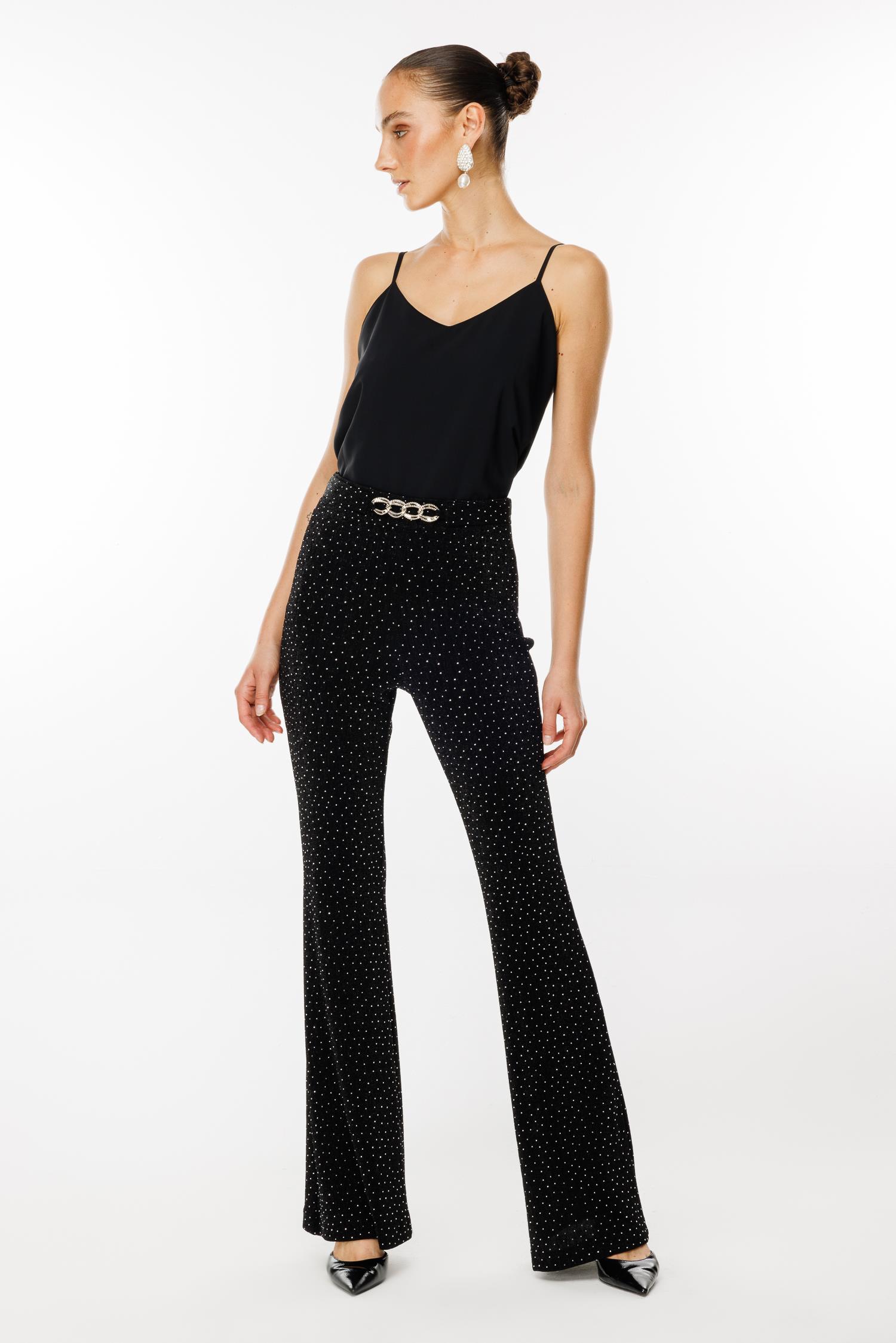 Modailgi  İspanyol Paça Taşlı Örme Pantolon - 7092 Siyah