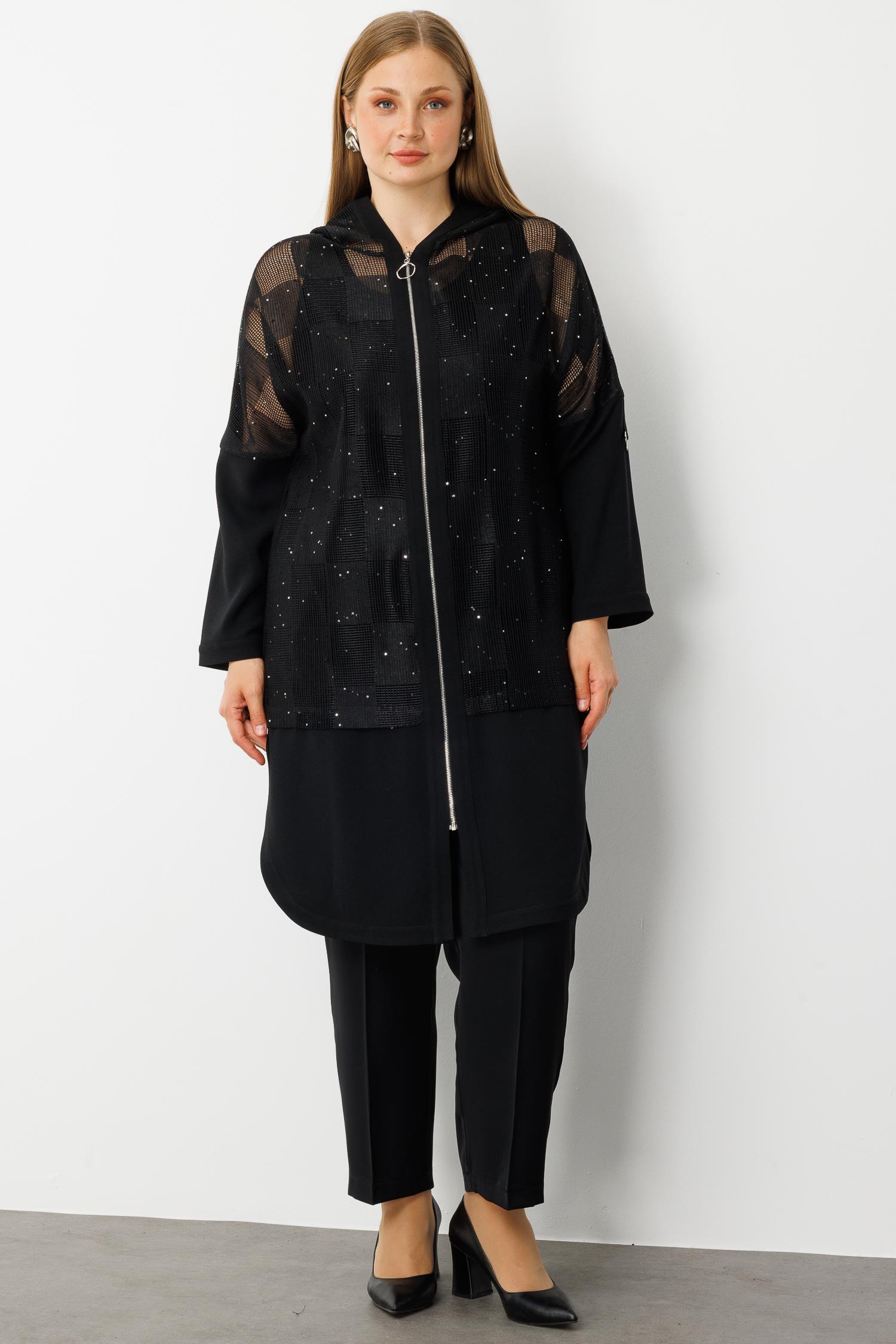 Modailgi  Kapişonlu Pullu File Detaylı Kolu Apoletli Kap Siyah