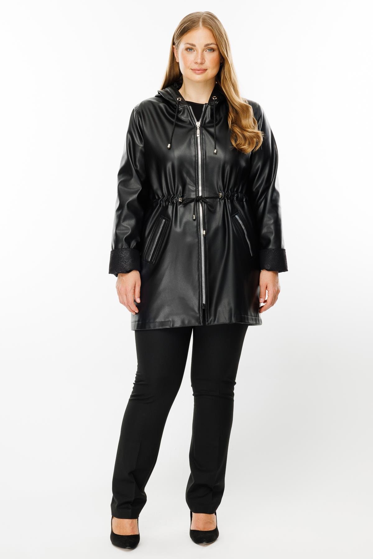 Modailgi  Kapüşonlu Beli Büzgülü Deri Trenç Siyah