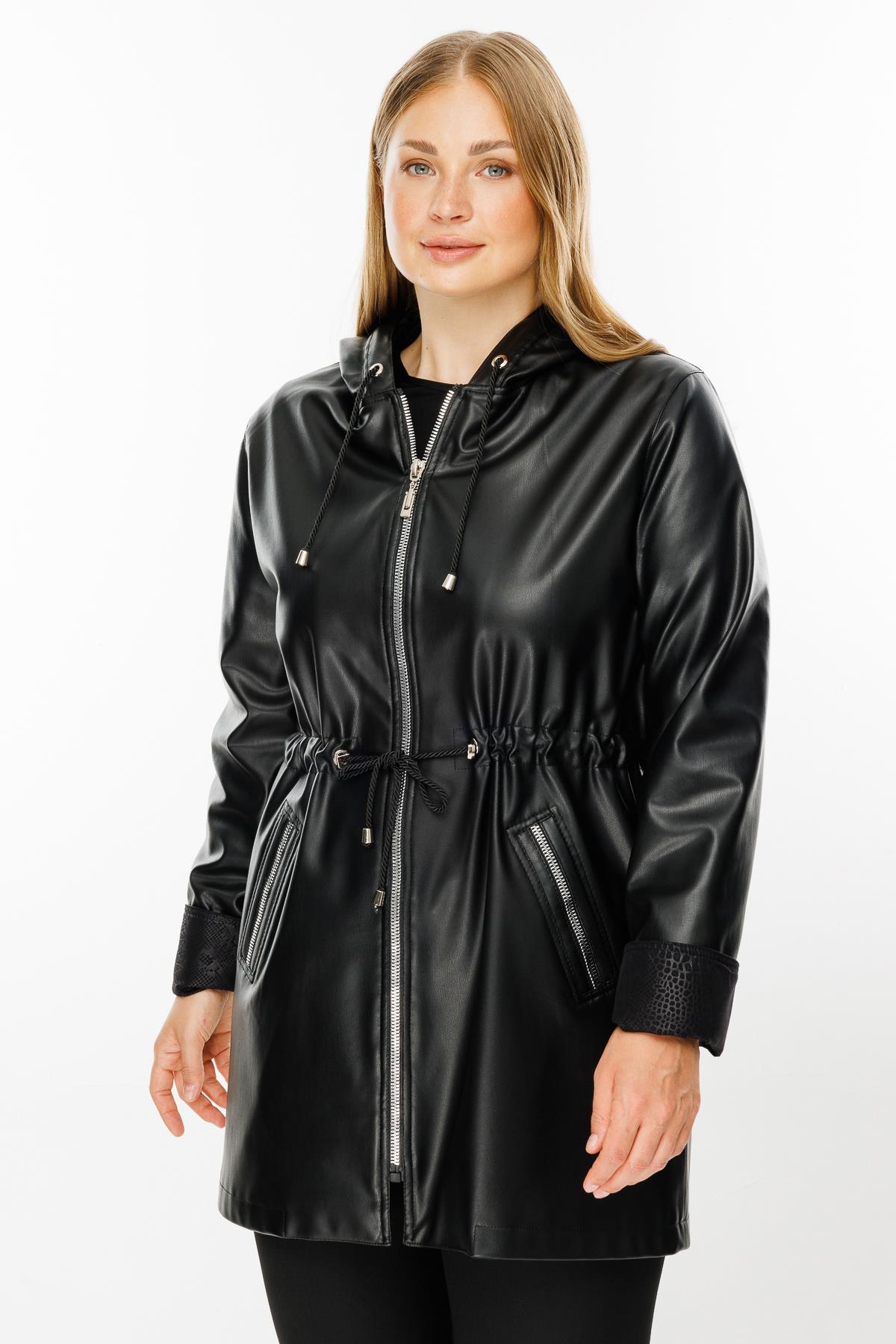 Modailgi  Kapüşonlu Beli Büzgülü Deri Trenç Siyah