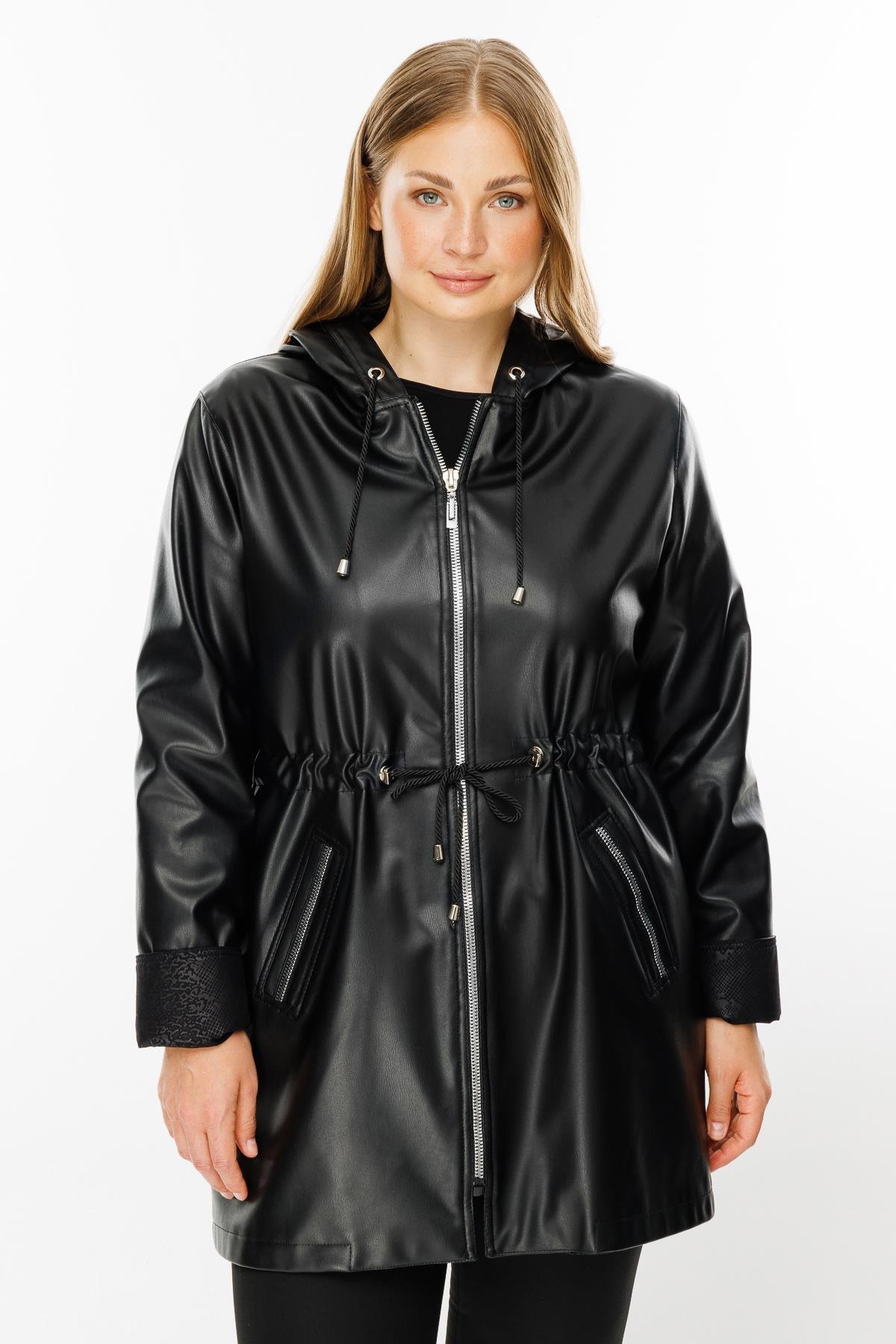 Modailgi  Kapüşonlu Beli Büzgülü Deri Trenç Siyah