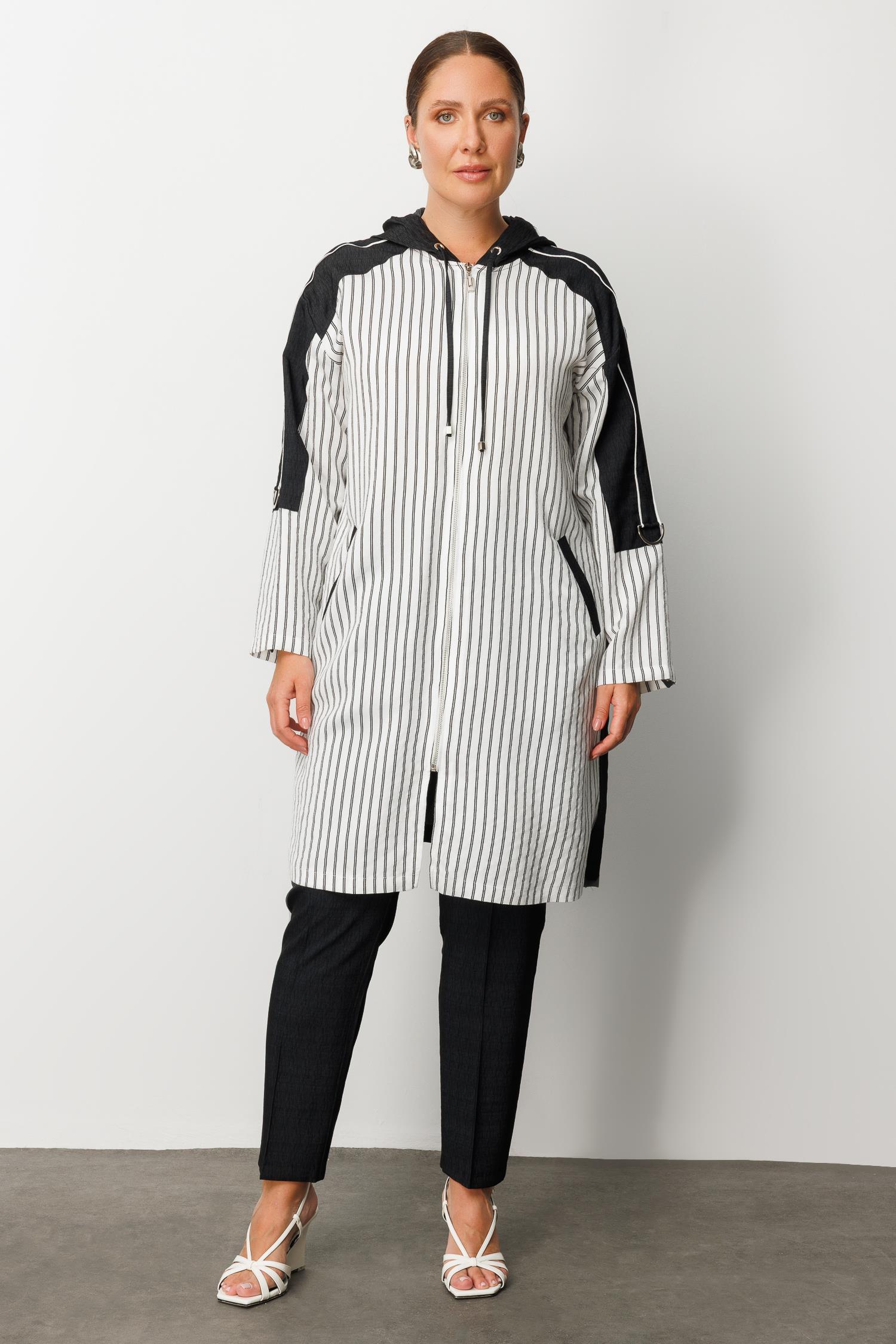 Modailgi  Kapüşonlu Çizgili Fermuarlı Uzun Tunik Ekru